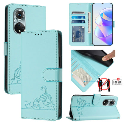 Huawei nova 9 Cat and Mouse Embossed PU Leather RFID Case with Wallet Slots, Anti-Fall Protection, Kickstand, and Lanyard-buycases.co.uk