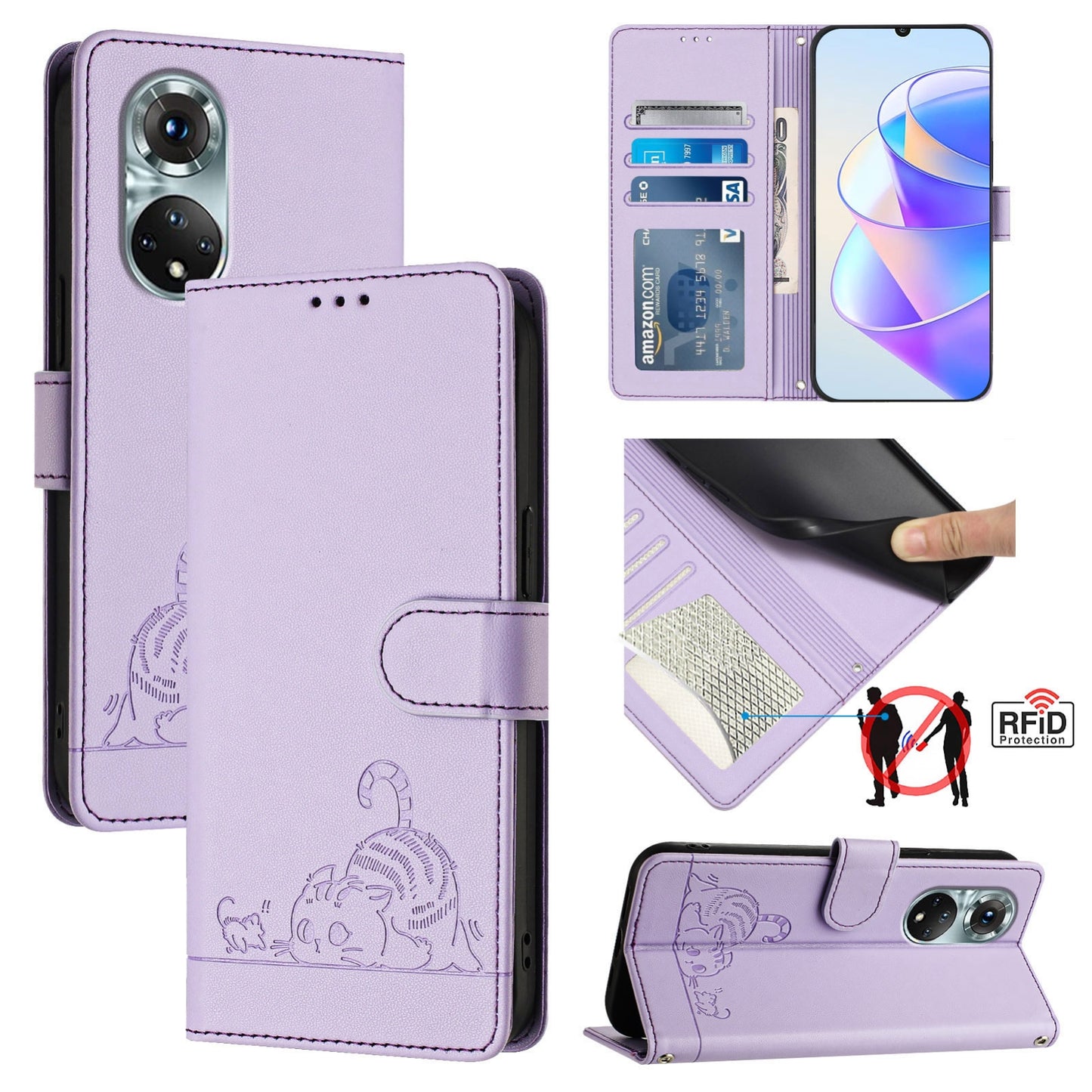 Huawei nova 9 Cat and Mouse Embossed PU Leather RFID Case with Wallet Slots, Anti-Fall Protection, Kickstand, and Lanyard-buycases.co.uk