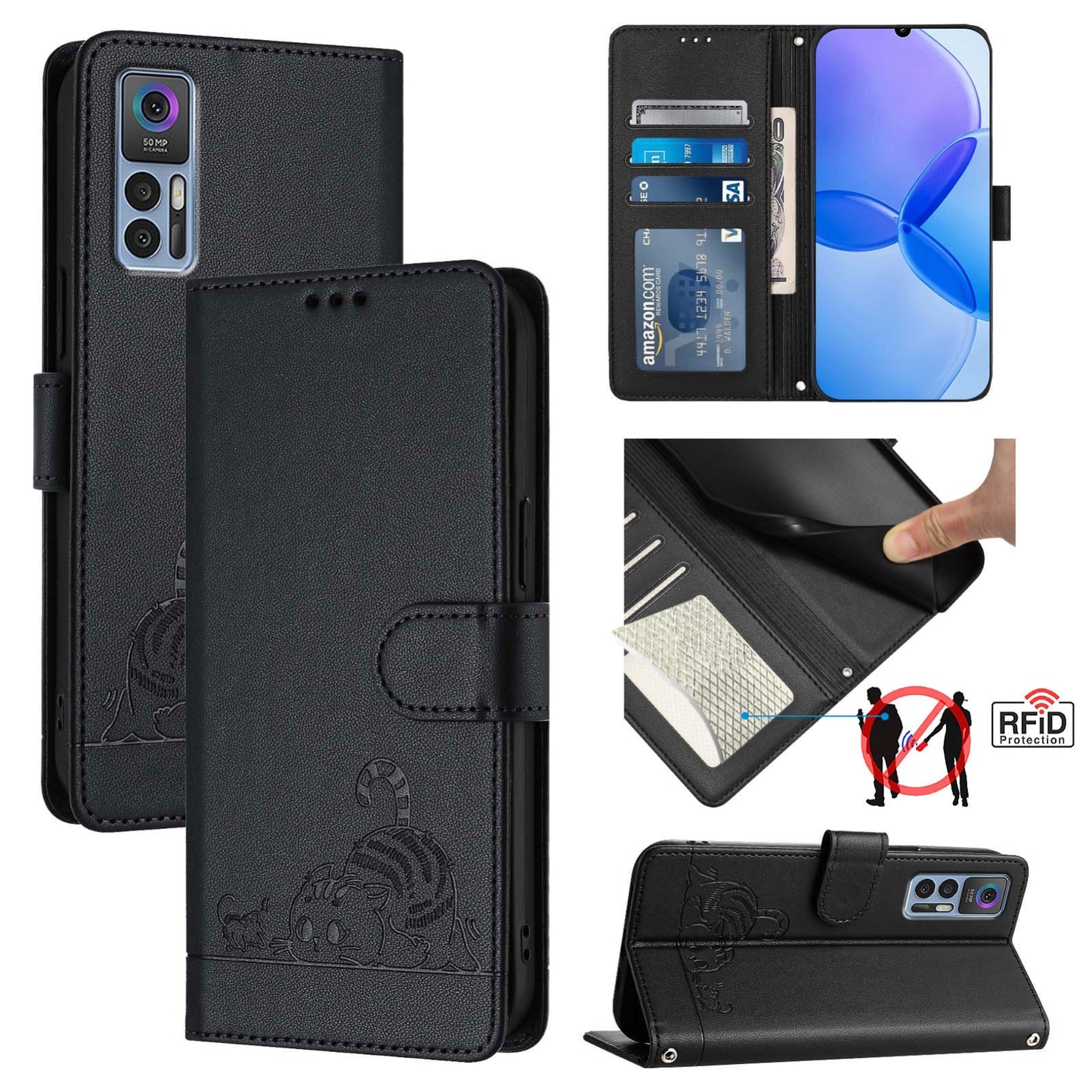 TCL 30+ Cat and Mouse Embossed PU Leather RFID Case with Wallet Slots, Anti-Fall Protection, Kickstand, and Lanyard-buycases.co.uk