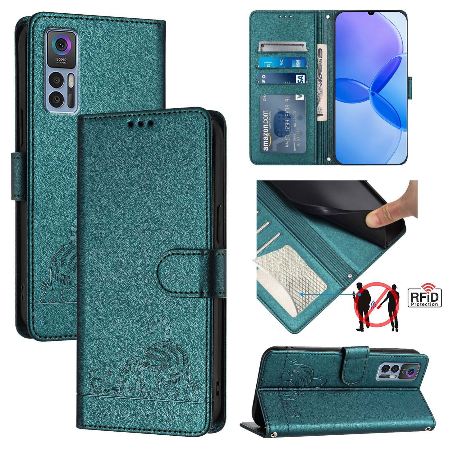 TCL 30 Cat and Mouse Embossed PU Leather RFID Case with Wallet Slots, Anti-Fall Protection, Kickstand, and Lanyard-buycases.co.uk