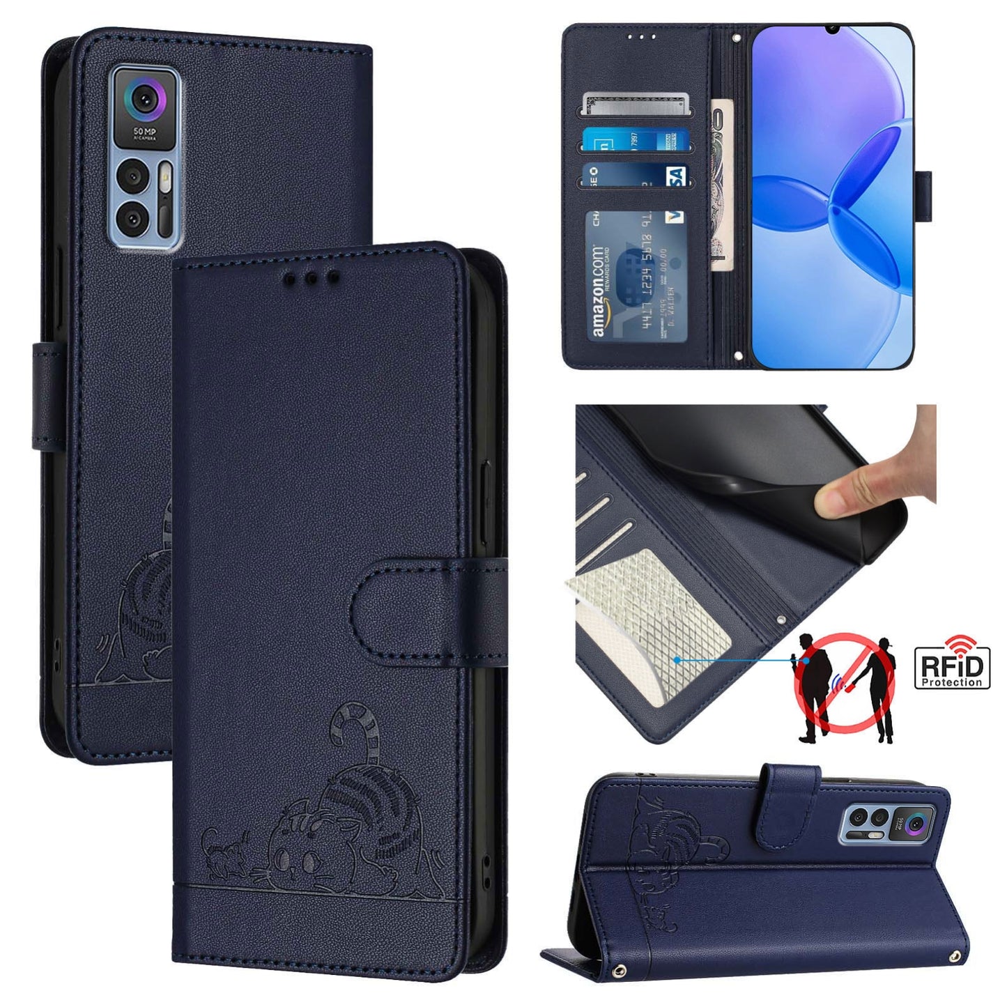 TCL 30 Cat and Mouse Embossed PU Leather RFID Case with Wallet Slots, Anti-Fall Protection, Kickstand, and Lanyard-buycases.co.uk