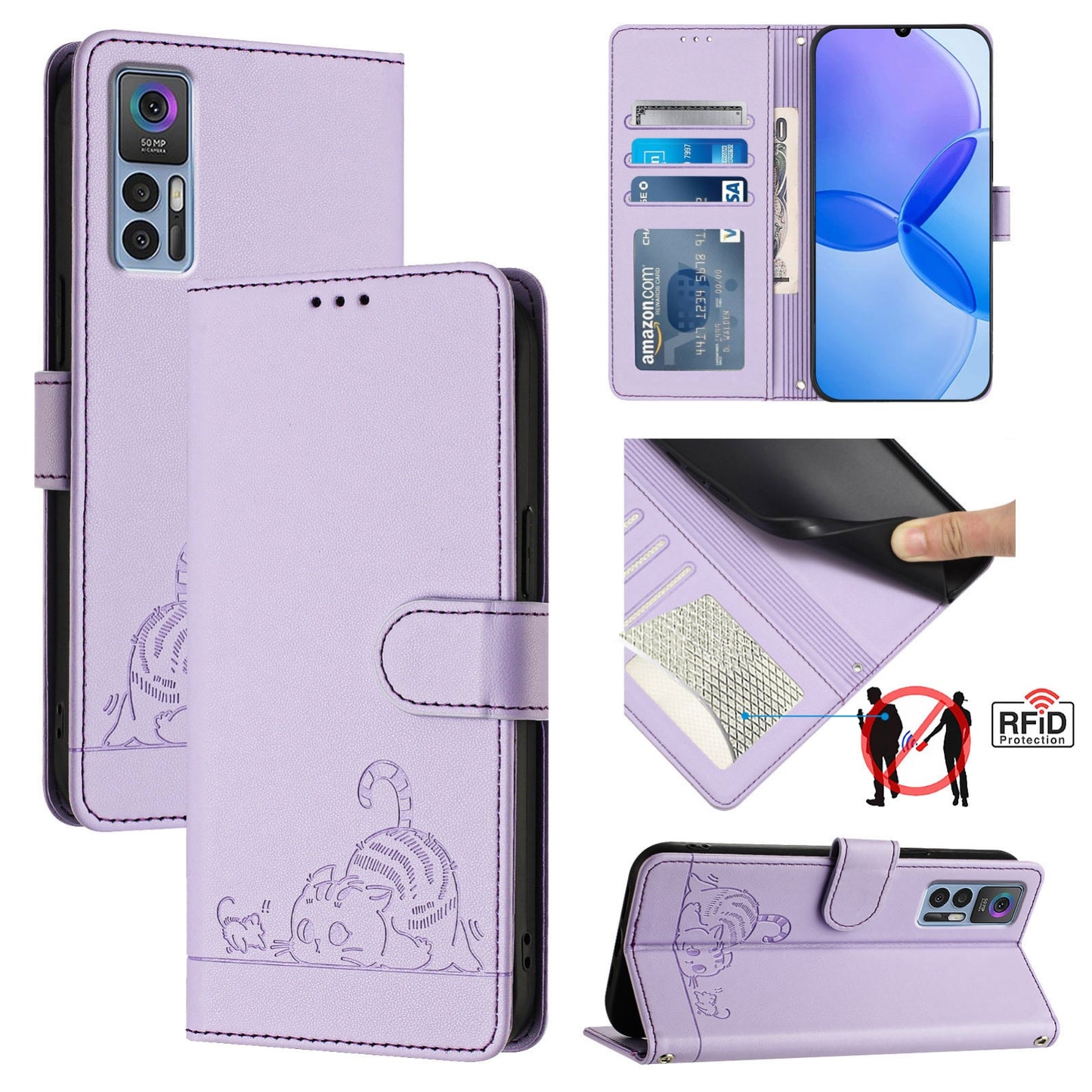 TCL 30+ Cat and Mouse Embossed PU Leather RFID Case with Wallet Slots, Anti-Fall Protection, Kickstand, and Lanyard-buycases.co.uk