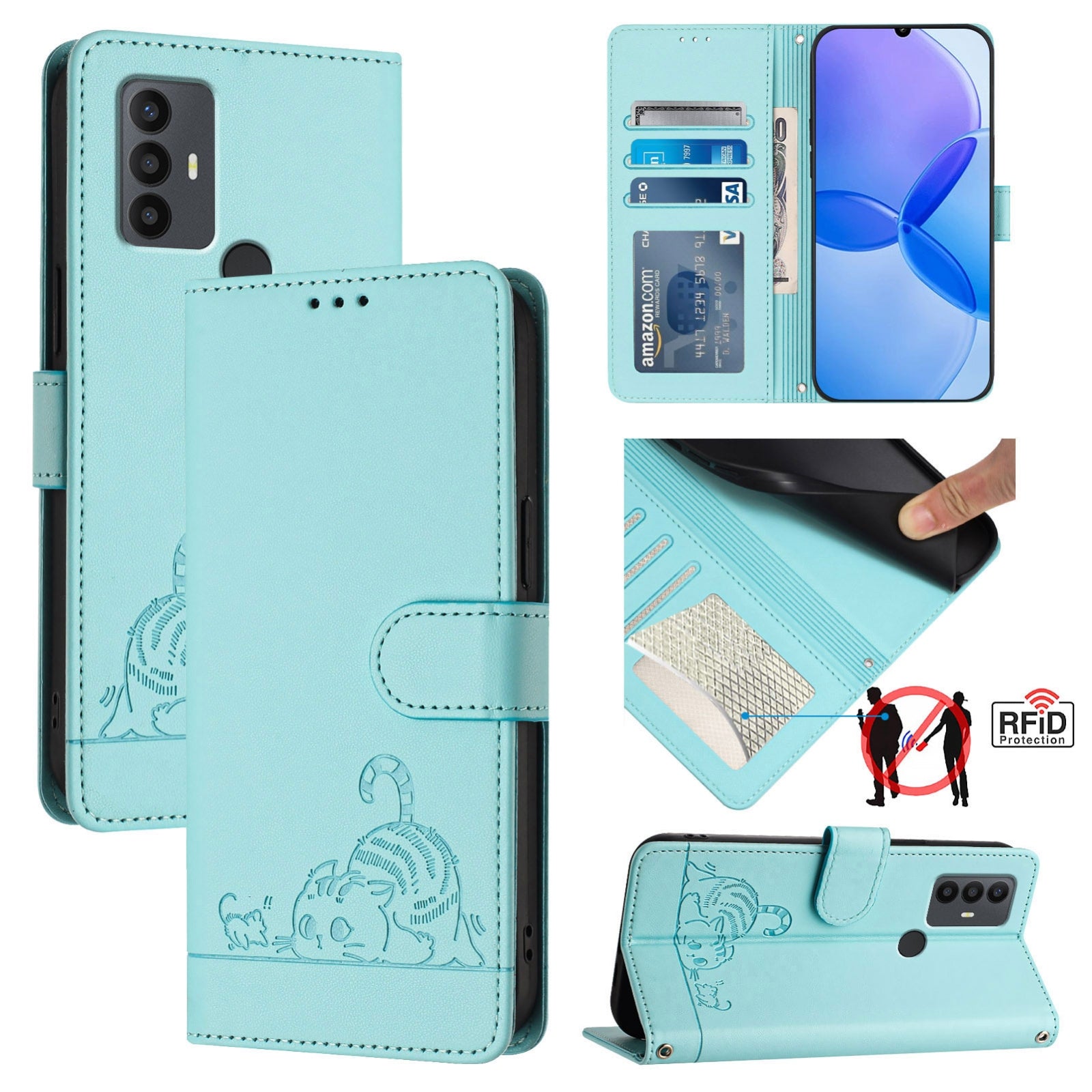TCL 30 SE Cat and Mouse Embossed PU Leather RFID Case with Wallet Slots, Anti-Fall Protection, Kickstand, and Lanyard-buycases.co.uk
