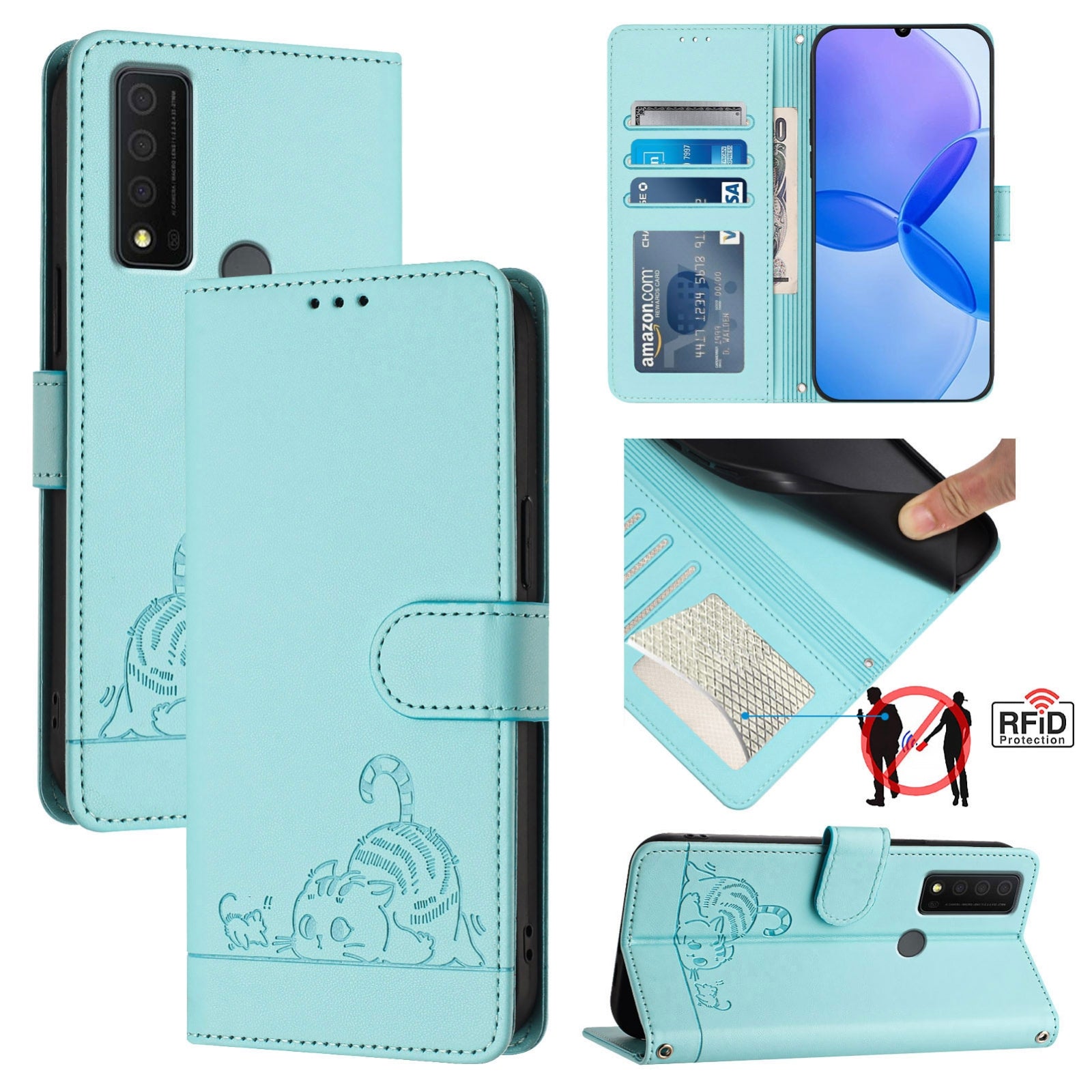TCL 30 XE 5G Cat and Mouse Embossed PU Leather RFID Case with Wallet Slots, Anti-Fall Protection, Kickstand, and Lanyard-buycases.co.uk