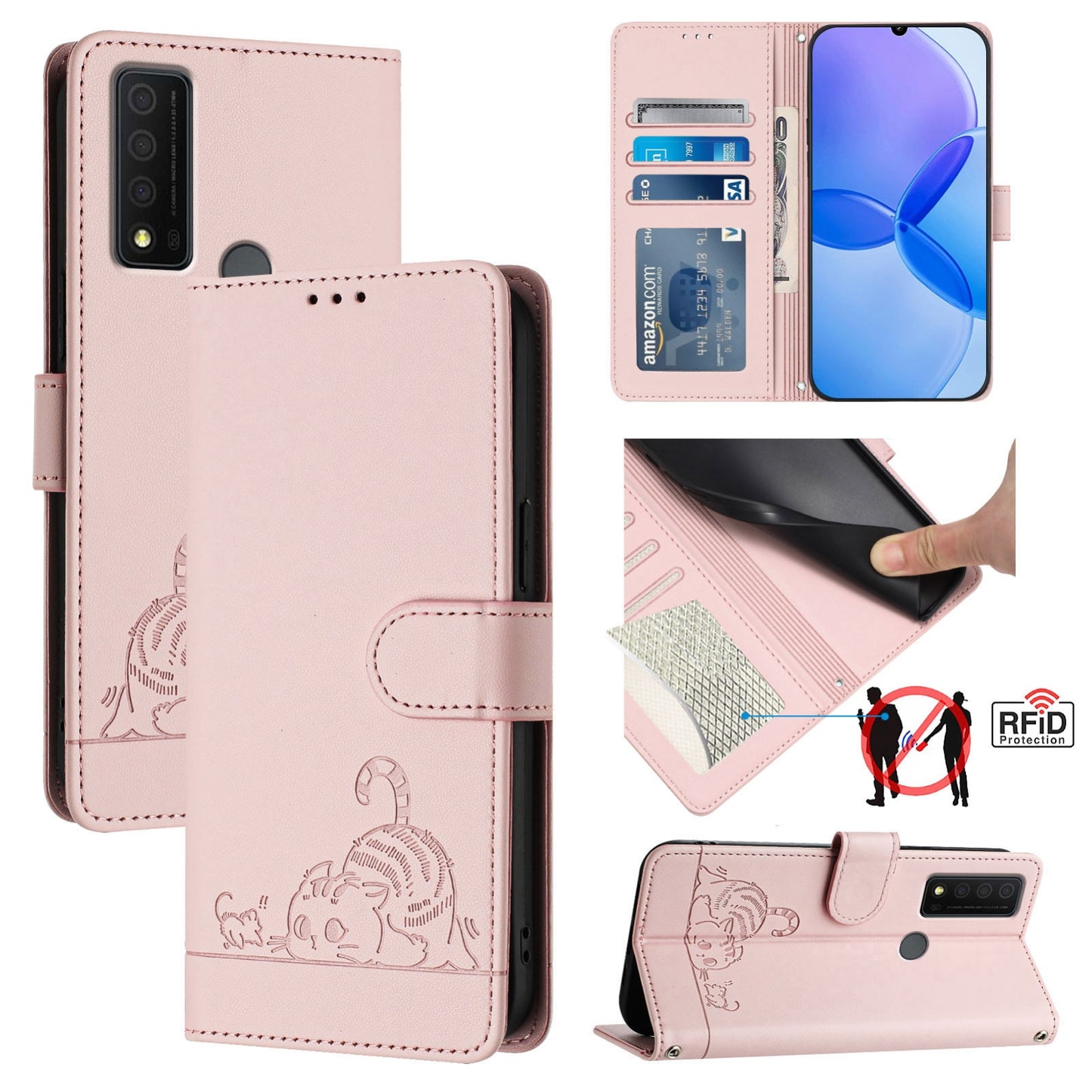 TCL 30 XE 5G Cat and Mouse Embossed PU Leather RFID Case with Wallet Slots, Anti-Fall Protection, Kickstand, and Lanyard-buycases.co.uk