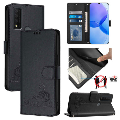 TCL 30 XE 5G Cat and Mouse Embossed PU Leather RFID Case with Wallet Slots, Anti-Fall Protection, Kickstand, and Lanyard-buycases.co.uk