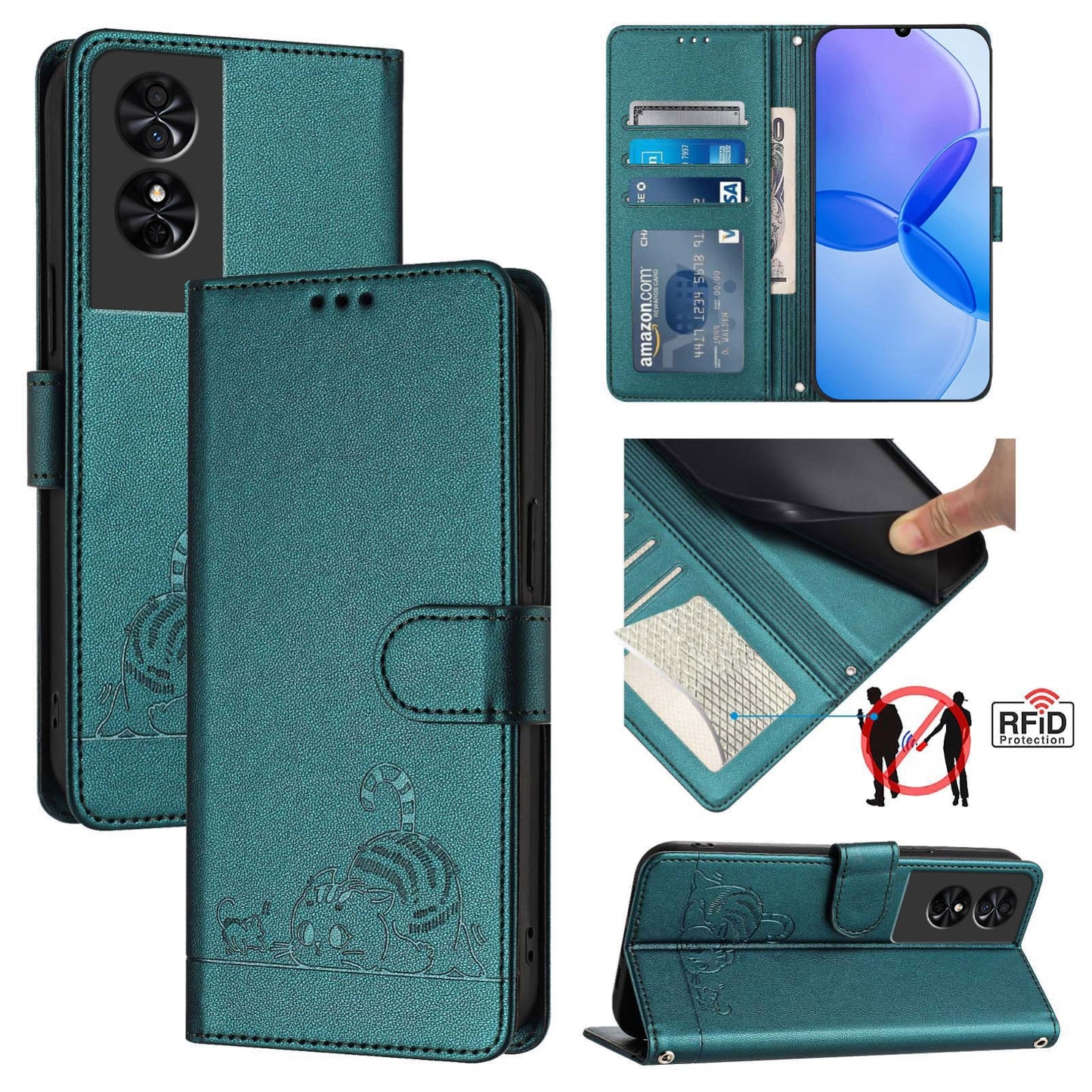 TCL 50 SE Cat and Mouse Embossed PU Leather RFID Case with Wallet Slots, Anti-Fall Protection, Kickstand, and Lanyard-buycases.co.uk