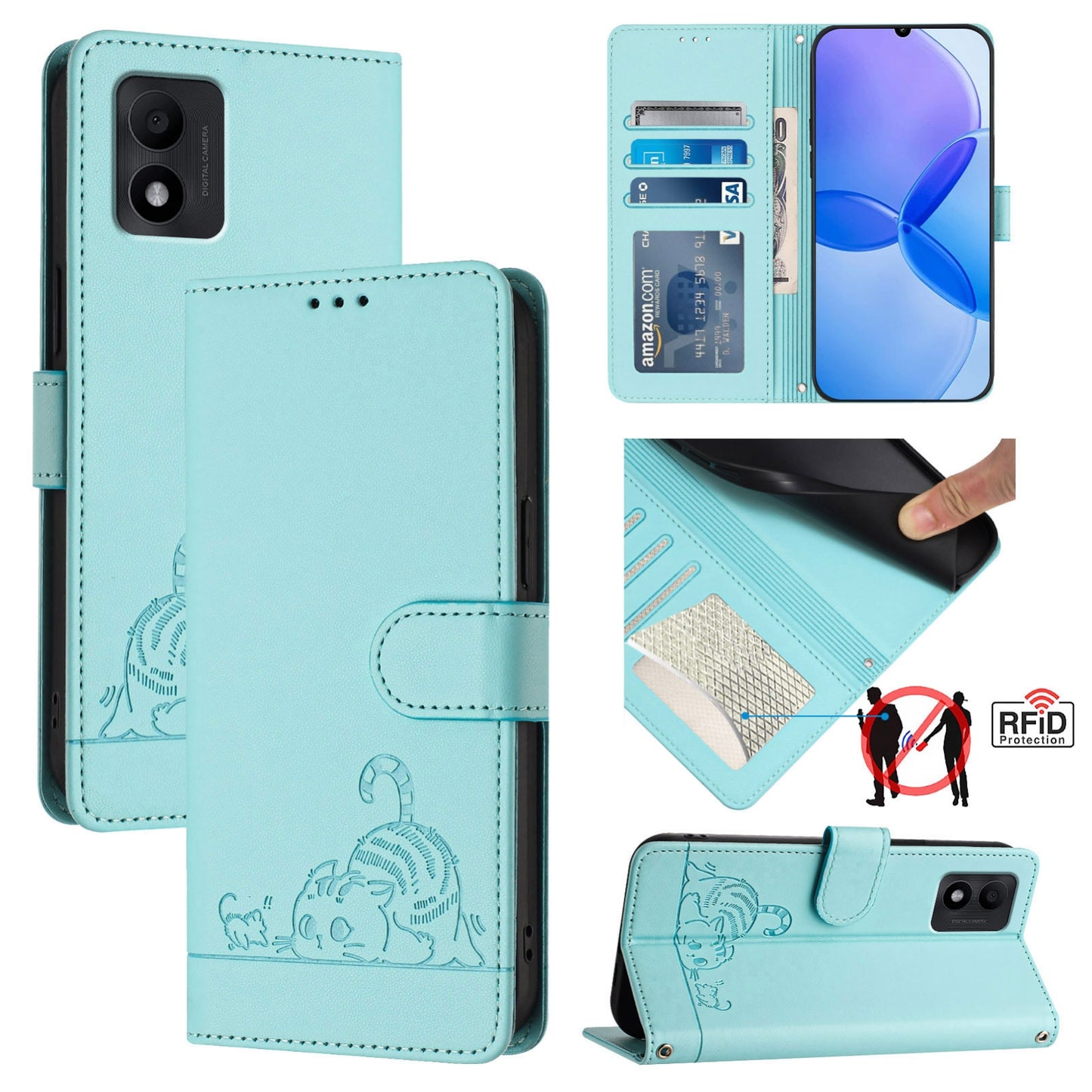 TCL 303 Cat and Mouse Embossed PU Leather RFID Case with Wallet Slots, Anti-Fall Protection, Kickstand, and Lanyard-buycases.co.uk