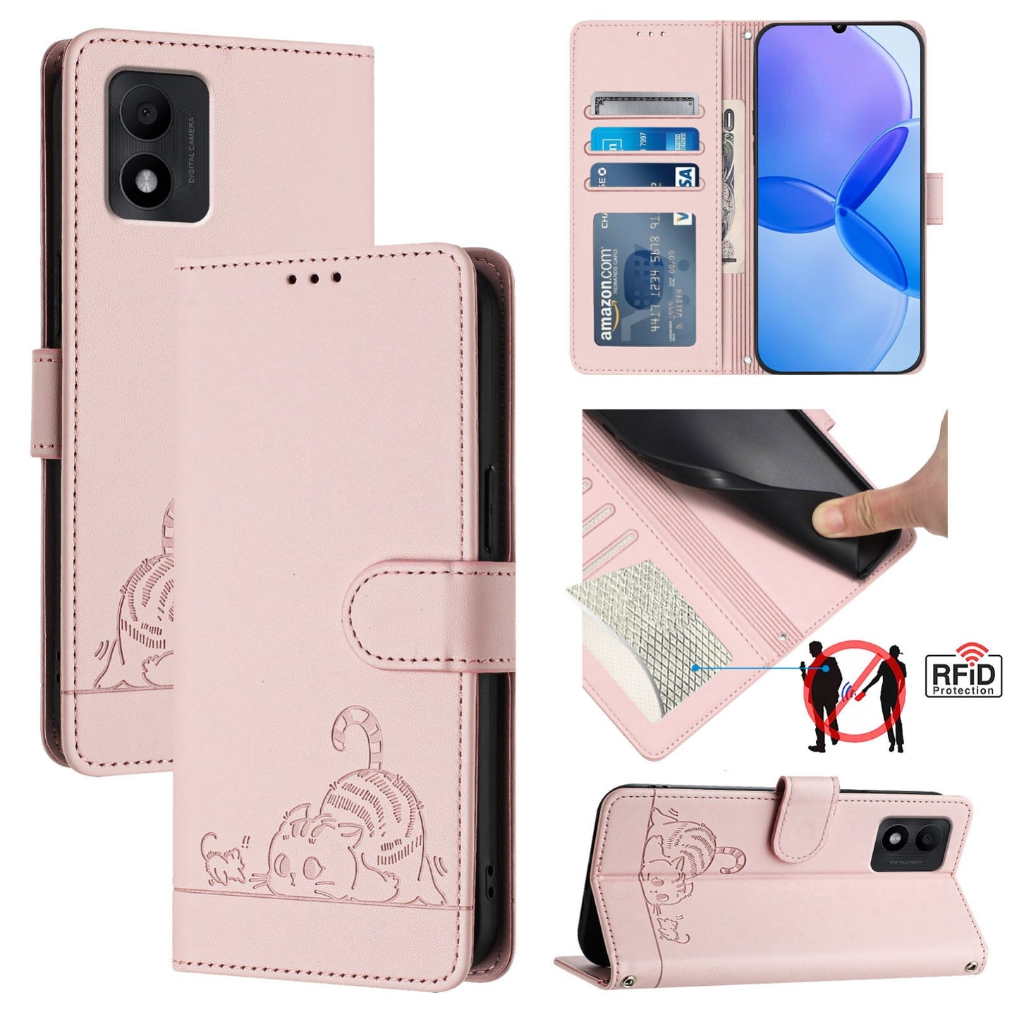 TCL 303 Cat and Mouse Embossed PU Leather RFID Case with Wallet Slots, Anti-Fall Protection, Kickstand, and Lanyard-buycases.co.uk