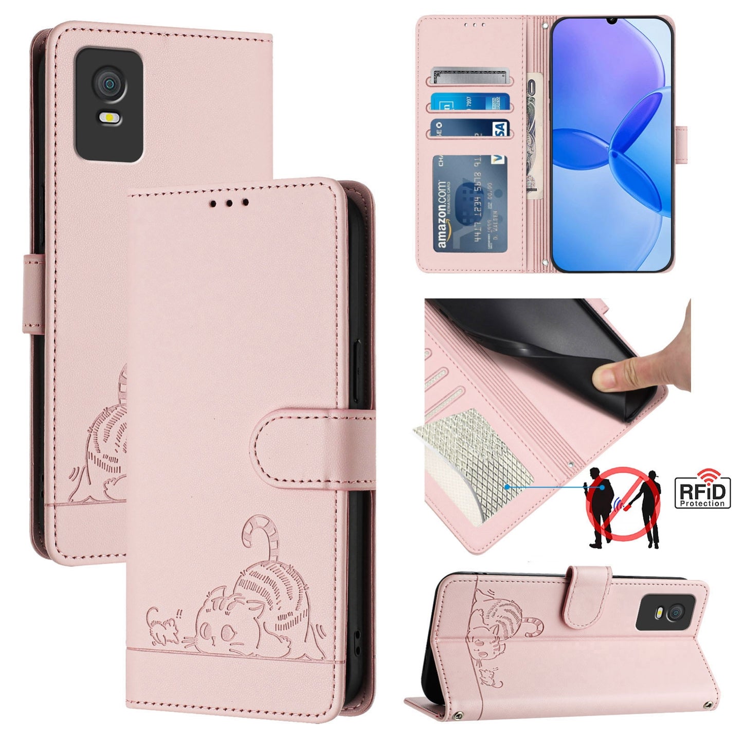 TCL 403 Cat and Mouse Embossed PU Leather RFID Case with Wallet Slots, Anti-Fall Protection, Kickstand, and Lanyard-buycases.co.uk