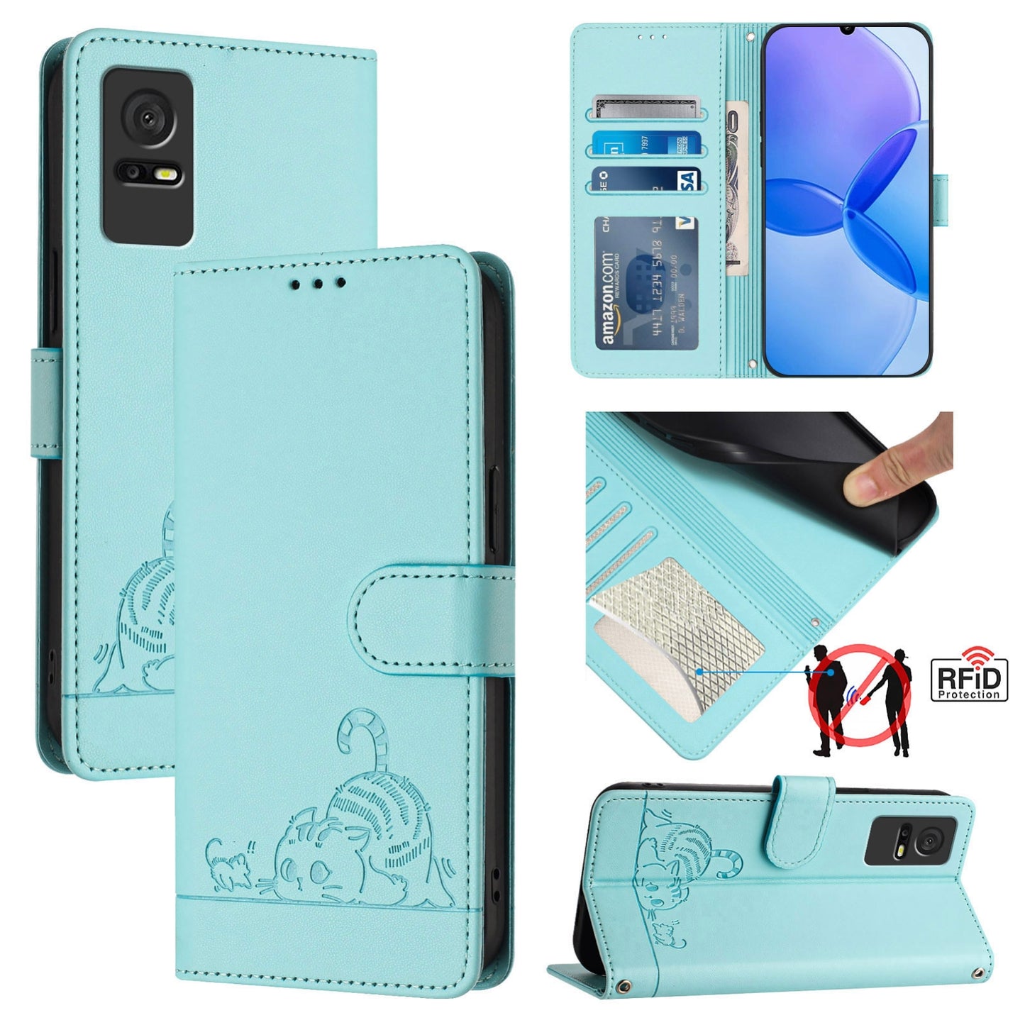 TCL 406 Cat and Mouse Embossed PU Leather RFID Case with Wallet Slots, Anti-Fall Protection, Kickstand, and Lanyard-buycases.co.uk