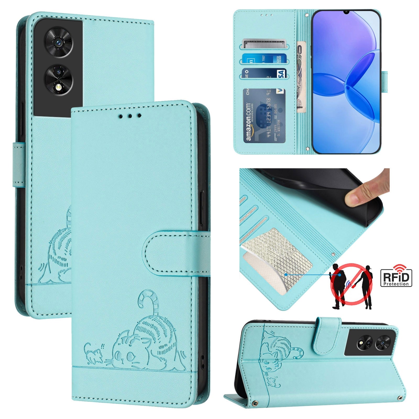 TCL 505 Cat and Mouse Embossed PU Leather RFID Case with Wallet Slots, Anti-Fall Protection, Kickstand, and Lanyard-buycases.co.uk