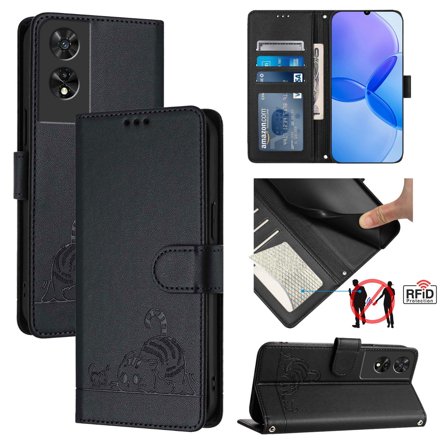 TCL 505 Cat and Mouse Embossed PU Leather RFID Case with Wallet Slots, Anti-Fall Protection, Kickstand, and Lanyard-buycases.co.uk