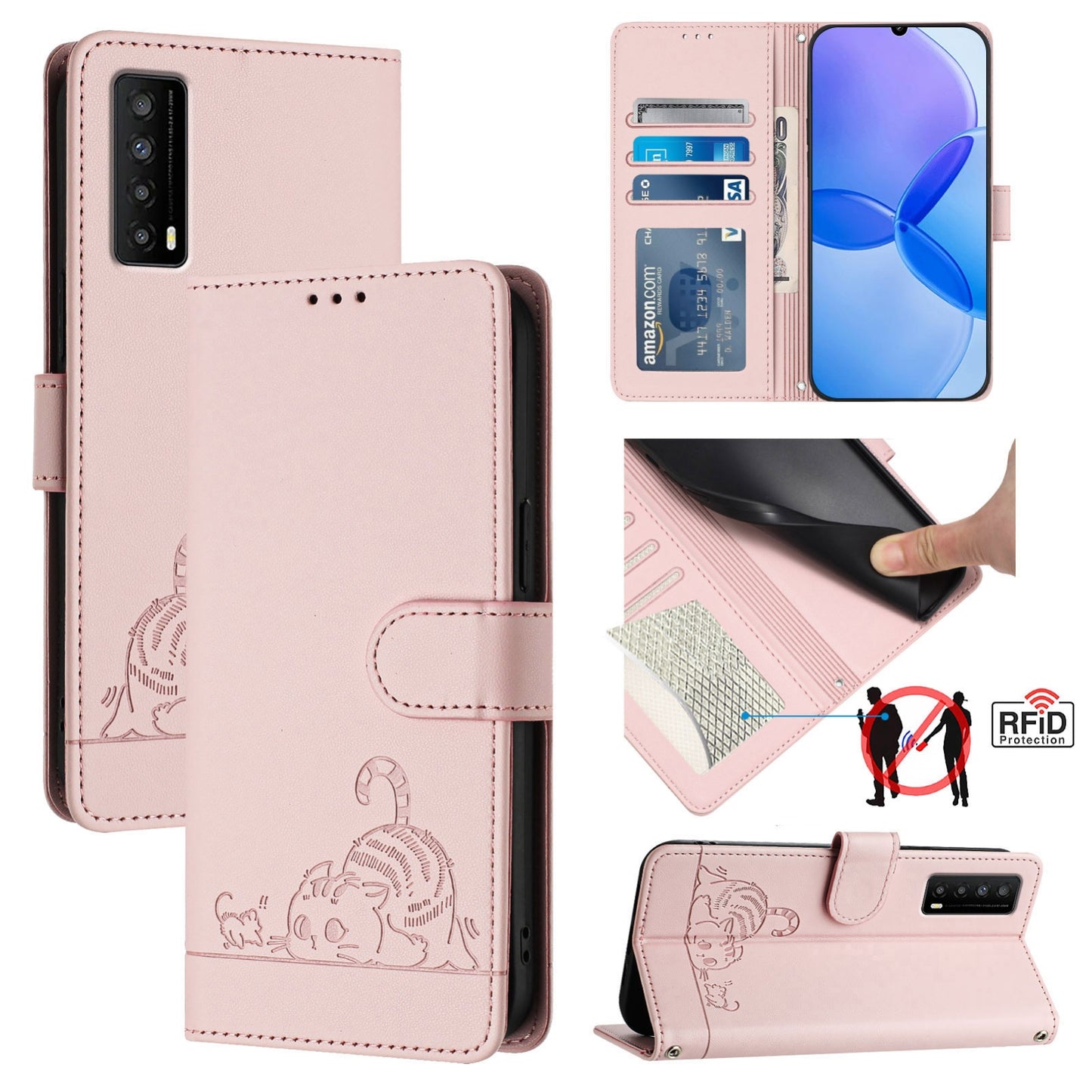 TCL Stylus 5G Cat and Mouse Embossed PU Leather RFID Case with Wallet Slots, Anti-Fall Protection, Kickstand, and Lanyard-buycases.co.uk