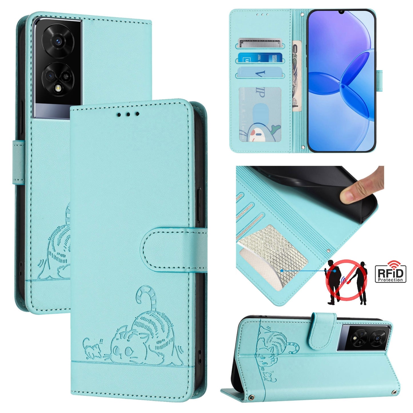 TCL 50 XE Cat and Mouse Embossed PU Leather RFID Case with Wallet Slots, Anti-Fall Protection, Kickstand, and Lanyard-buycases.co.uk