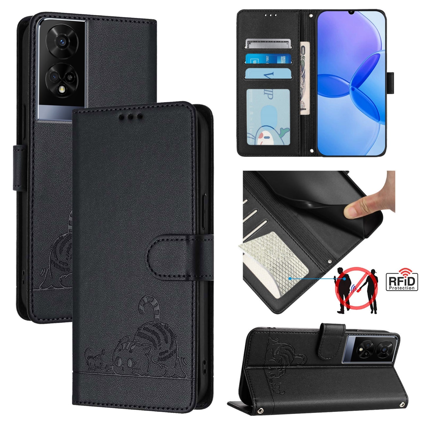 TCL 50 XE Cat and Mouse Embossed PU Leather RFID Case with Wallet Slots, Anti-Fall Protection, Kickstand, and Lanyard-buycases.co.uk