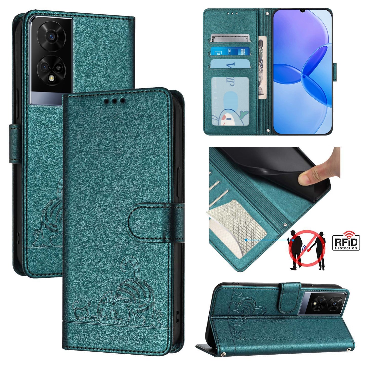 TCL 50 XE Cat and Mouse Embossed PU Leather RFID Case with Wallet Slots, Anti-Fall Protection, Kickstand, and Lanyard-buycases.co.uk