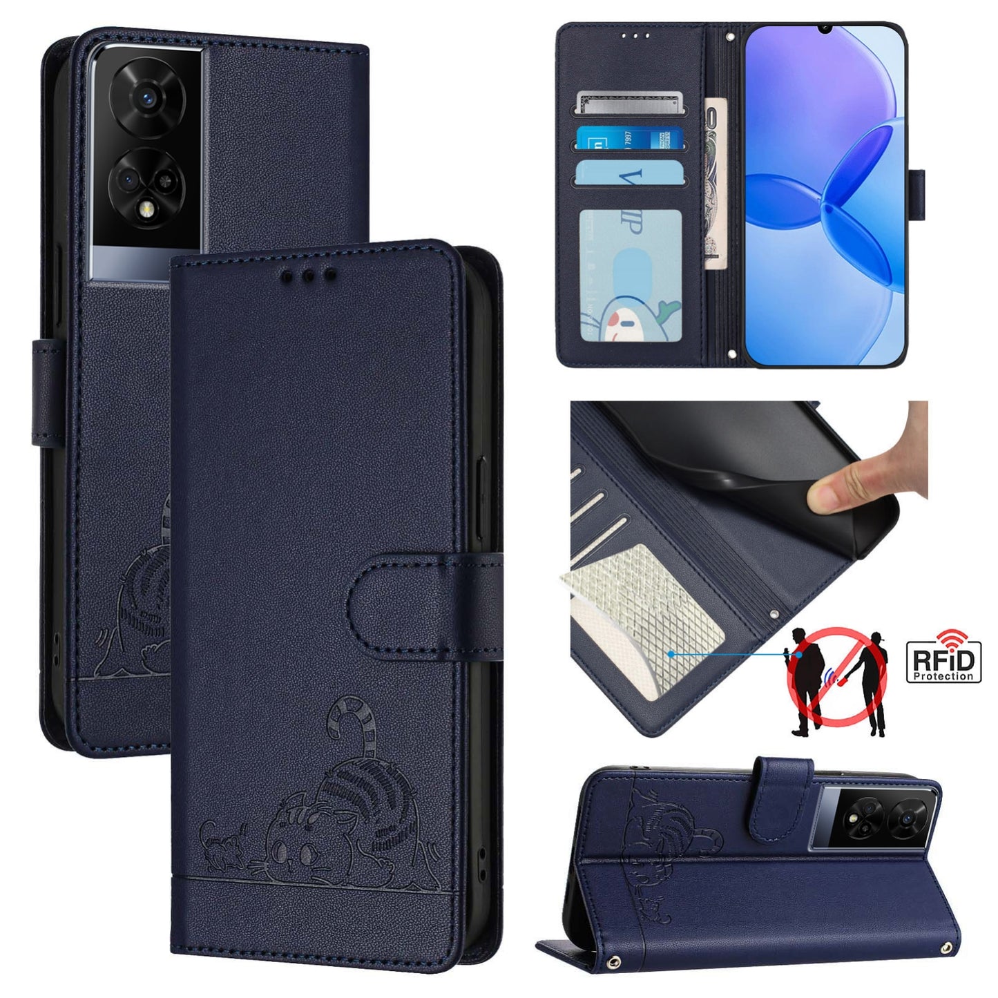 TCL 50 XE Cat and Mouse Embossed PU Leather RFID Case with Wallet Slots, Anti-Fall Protection, Kickstand, and Lanyard-buycases.co.uk
