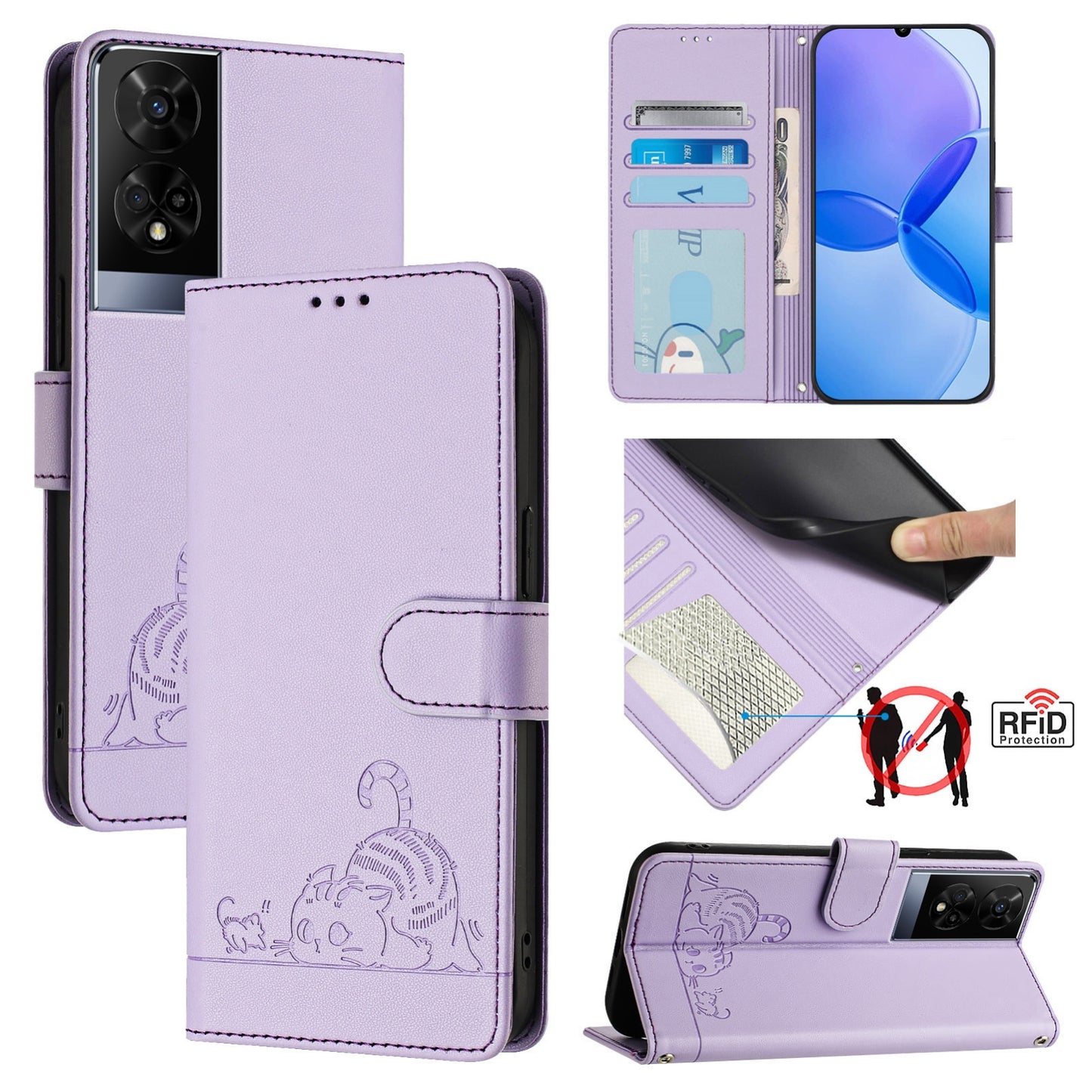 TCL 50 XE Cat and Mouse Embossed PU Leather RFID Case with Wallet Slots, Anti-Fall Protection, Kickstand, and Lanyard-buycases.co.uk