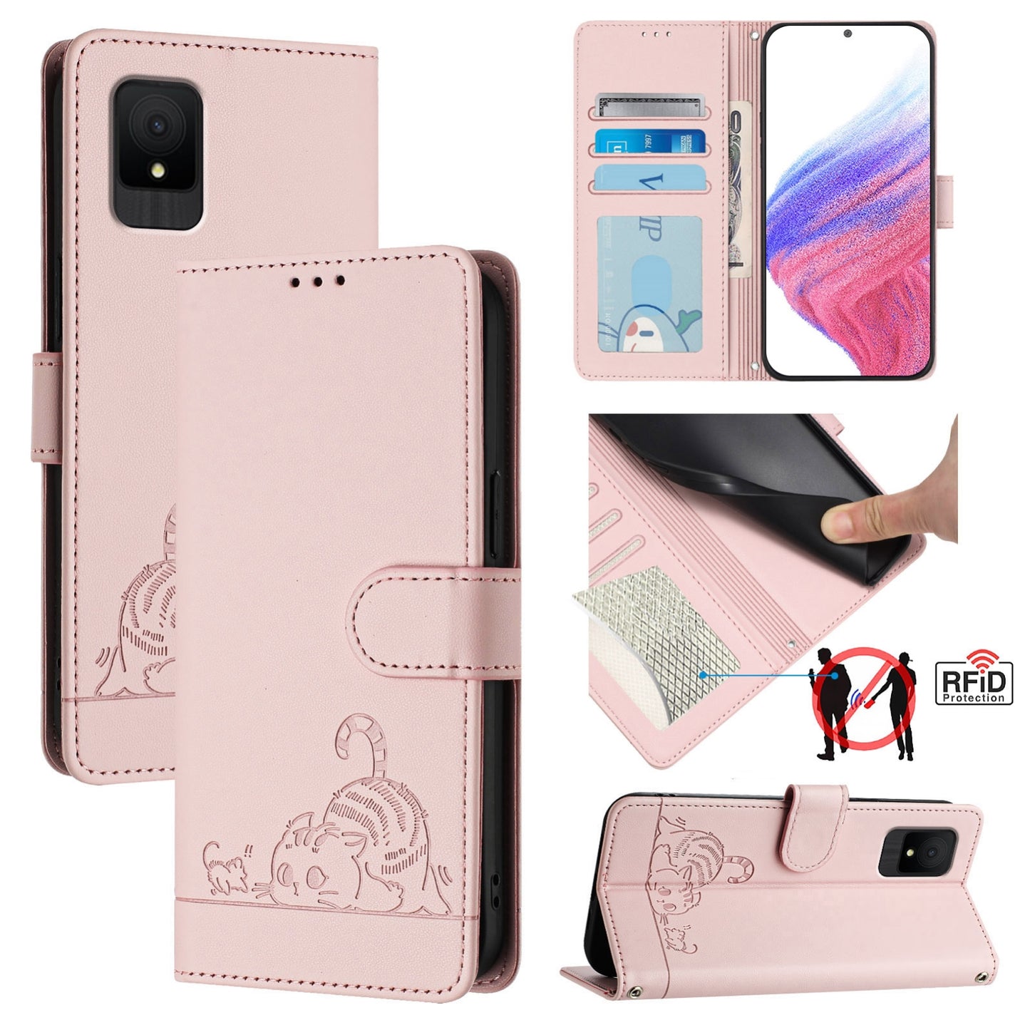 TCL 502 Cat and Mouse Embossed PU Leather RFID Case with Wallet Slots, Anti-Fall Protection, Kickstand, and Lanyard-buycases.co.uk