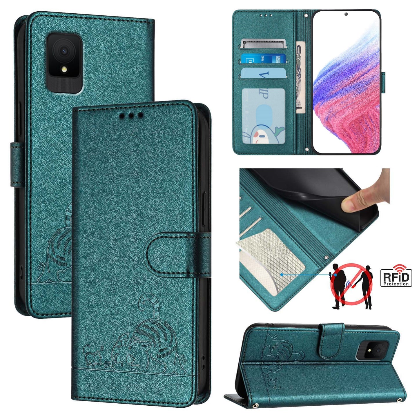 TCL 502 Cat and Mouse Embossed PU Leather RFID Case with Wallet Slots, Anti-Fall Protection, Kickstand, and Lanyard-buycases.co.uk