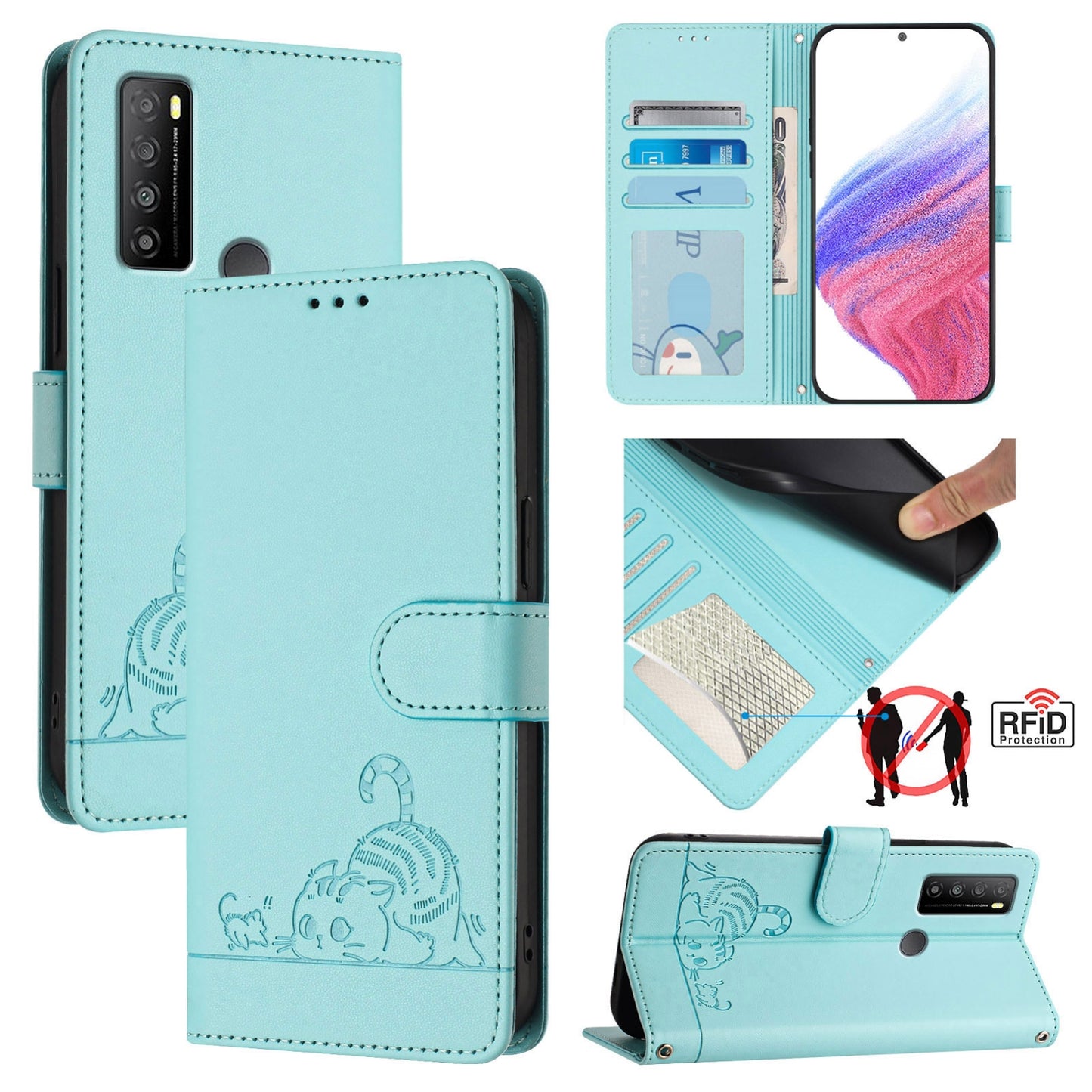 TCL 30 XL T701DL Cat and Mouse Embossed PU Leather RFID Case with Wallet Slots, Anti-Fall Protection, Kickstand, and Lanyard-buycases.co.uk