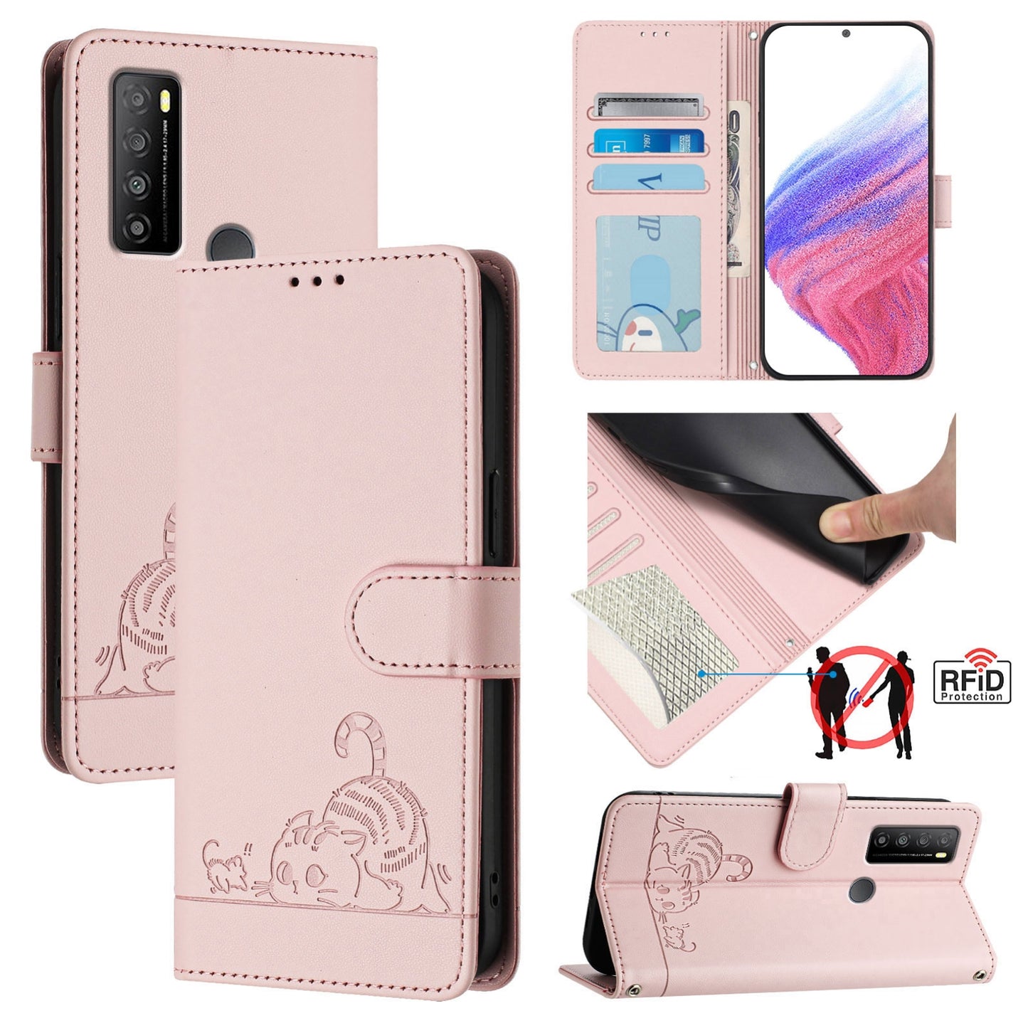 TCL 30 XL T701DL Cat and Mouse Embossed PU Leather RFID Case with Wallet Slots, Anti-Fall Protection, Kickstand, and Lanyard-buycases.co.uk