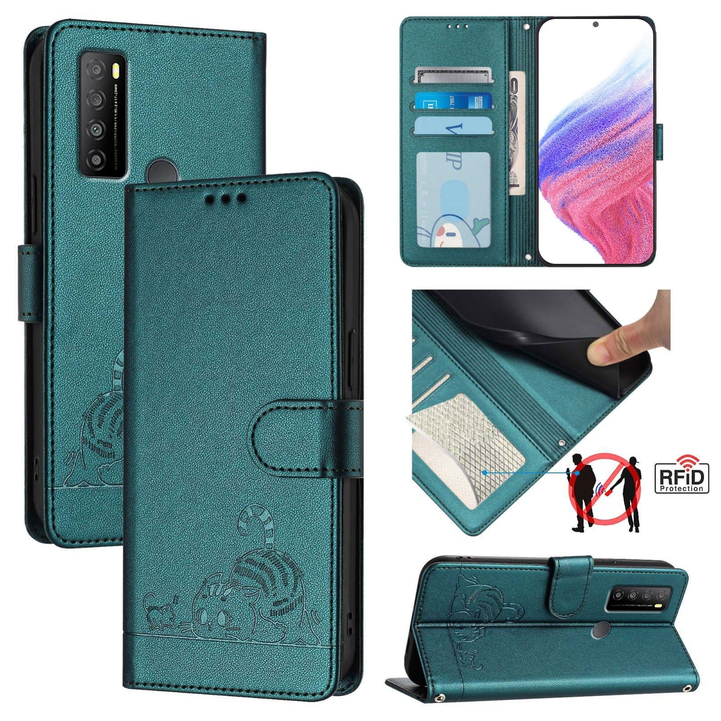 TCL 30 XL T701DL Cat and Mouse Embossed PU Leather RFID Case with Wallet Slots, Anti-Fall Protection, Kickstand, and Lanyard-buycases.co.uk