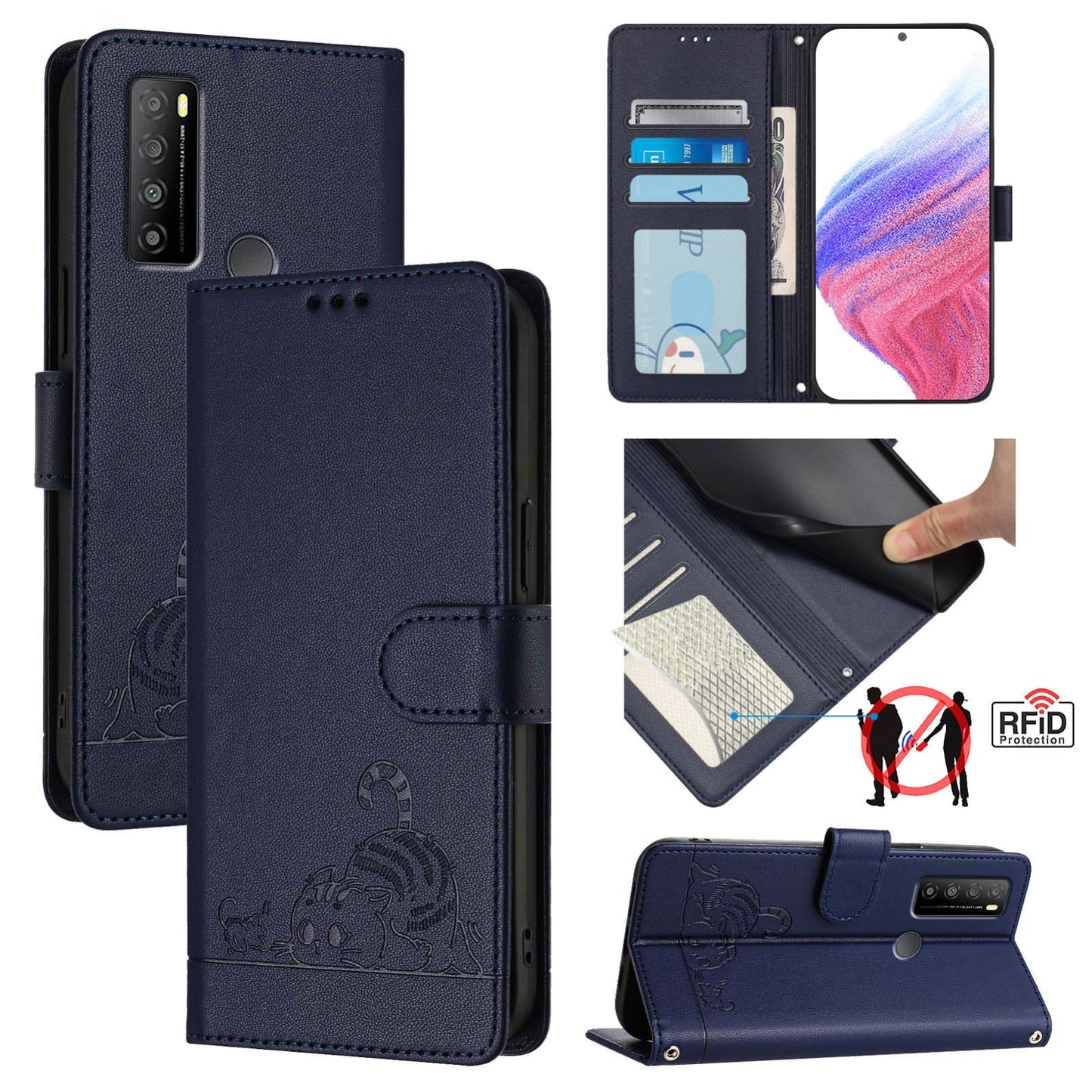 TCL 30 XL T701DL Cat and Mouse Embossed PU Leather RFID Case with Wallet Slots, Anti-Fall Protection, Kickstand, and Lanyard-buycases.co.uk