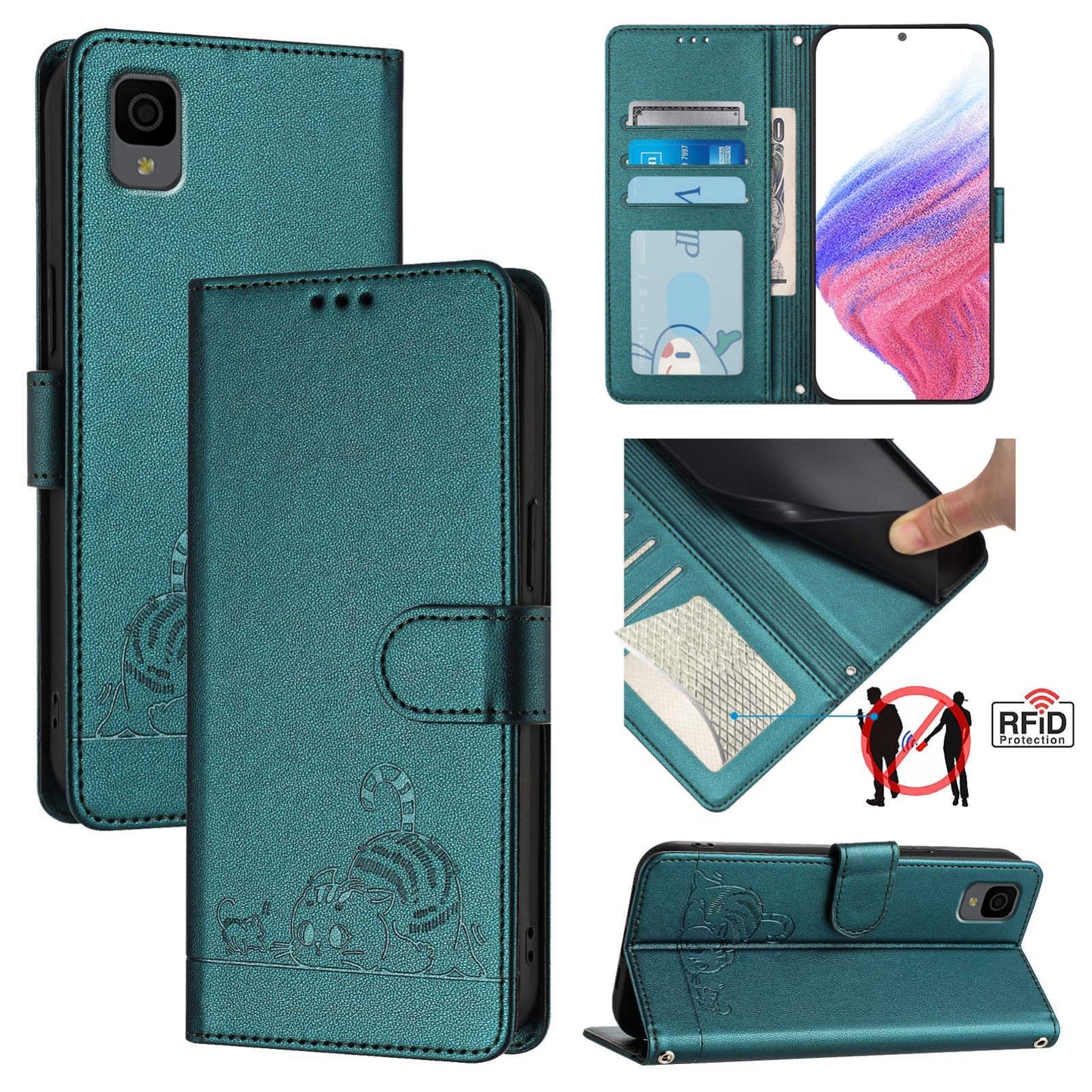 TCL 30Z T602DL Cat and Mouse Embossed PU Leather RFID Case with Wallet Slots, Anti-Fall Protection, Kickstand, and Lanyard-buycases.co.uk