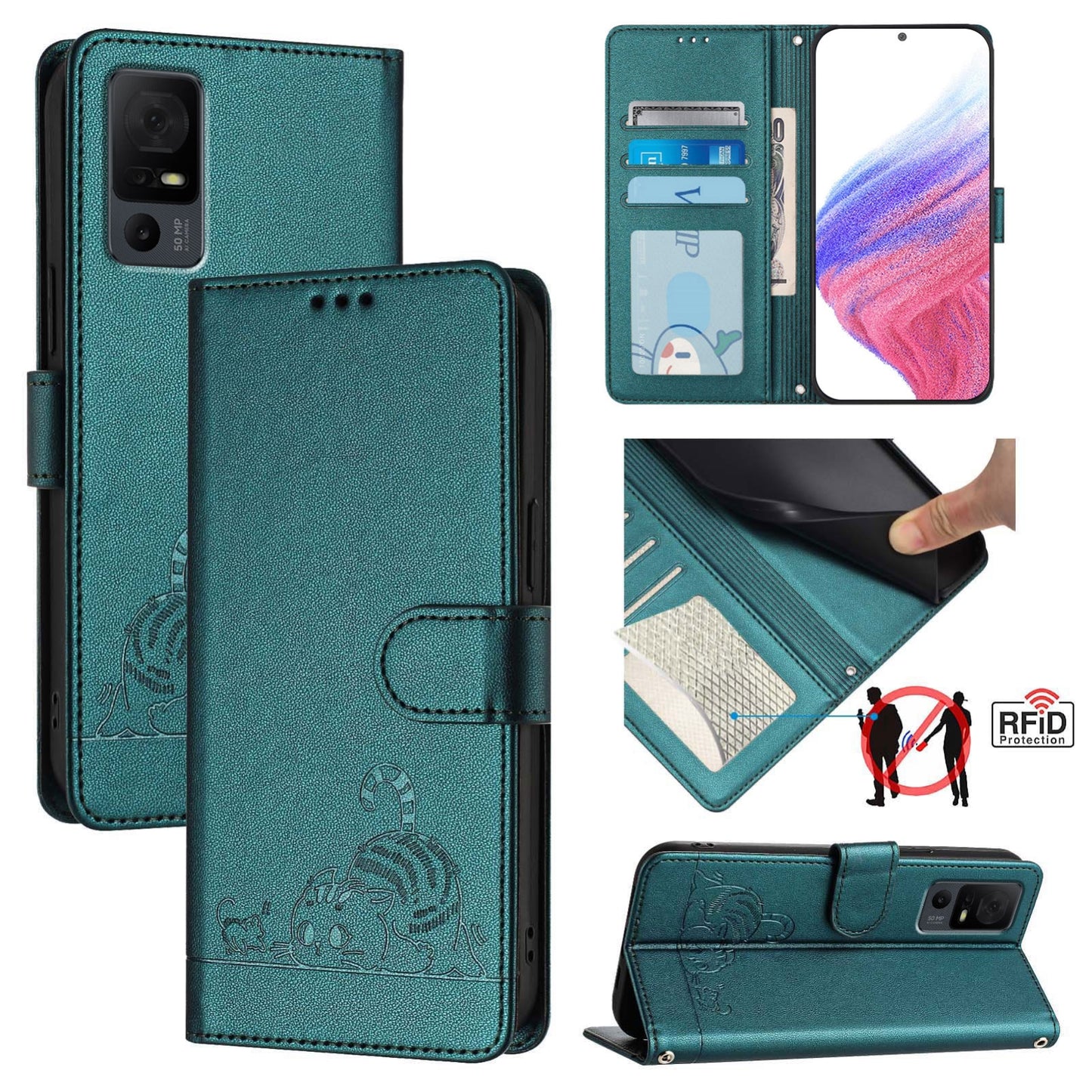 TCL 40 XL Cat and Mouse Embossed PU Leather RFID Case with Wallet Slots, Anti-Fall Protection, Kickstand, and Lanyard-buycases.co.uk