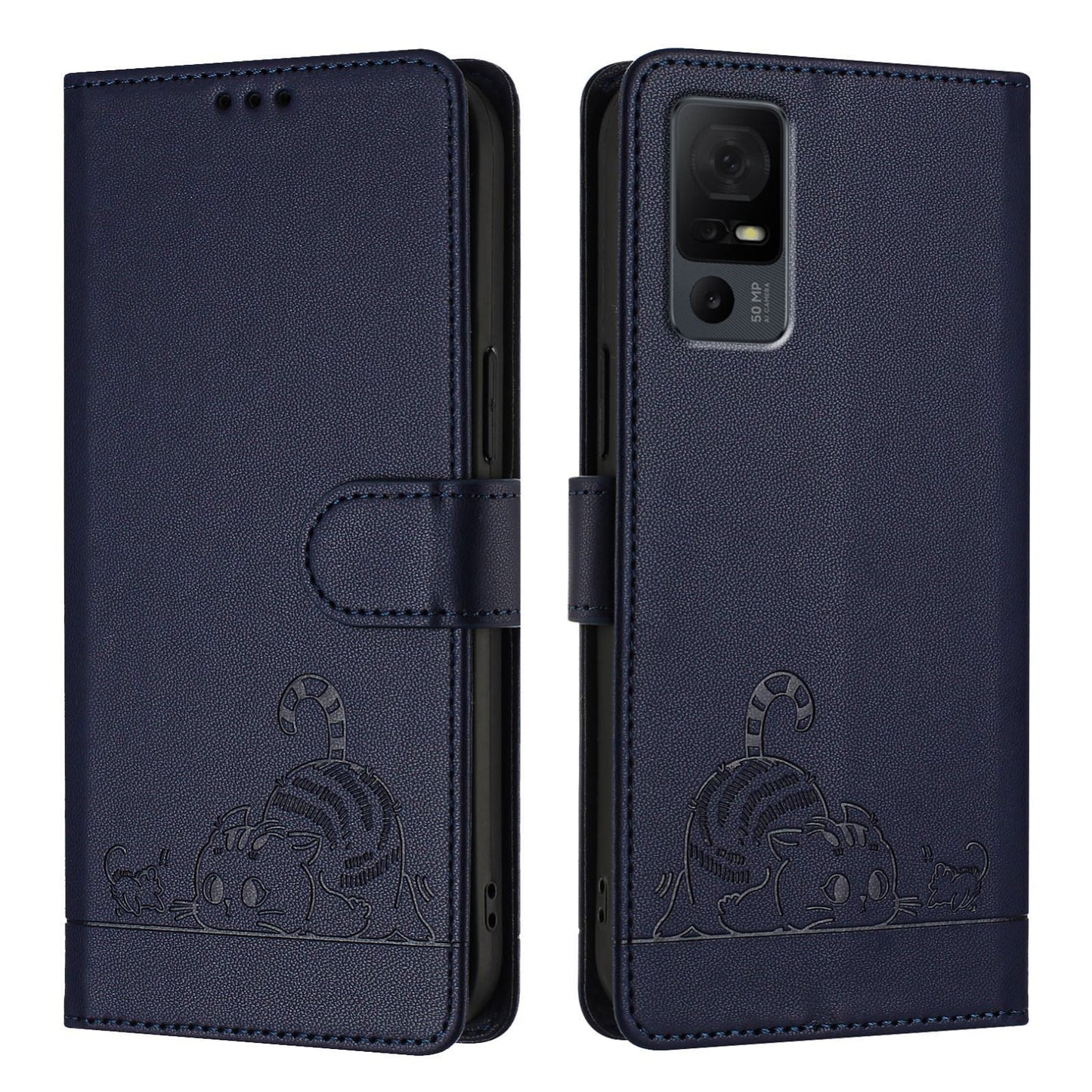 TCL 40 XL Cat and Mouse Embossed PU Leather RFID Case with Wallet Slots, Anti-Fall Protection, Kickstand, and Lanyard-buycases.co.uk