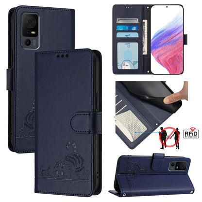 TCL 40 T T608DL Cat and Mouse Embossed PU Leather RFID Case with Wallet Slots, Anti-Fall Protection, Kickstand, and Lanyard-buycases.co.uk