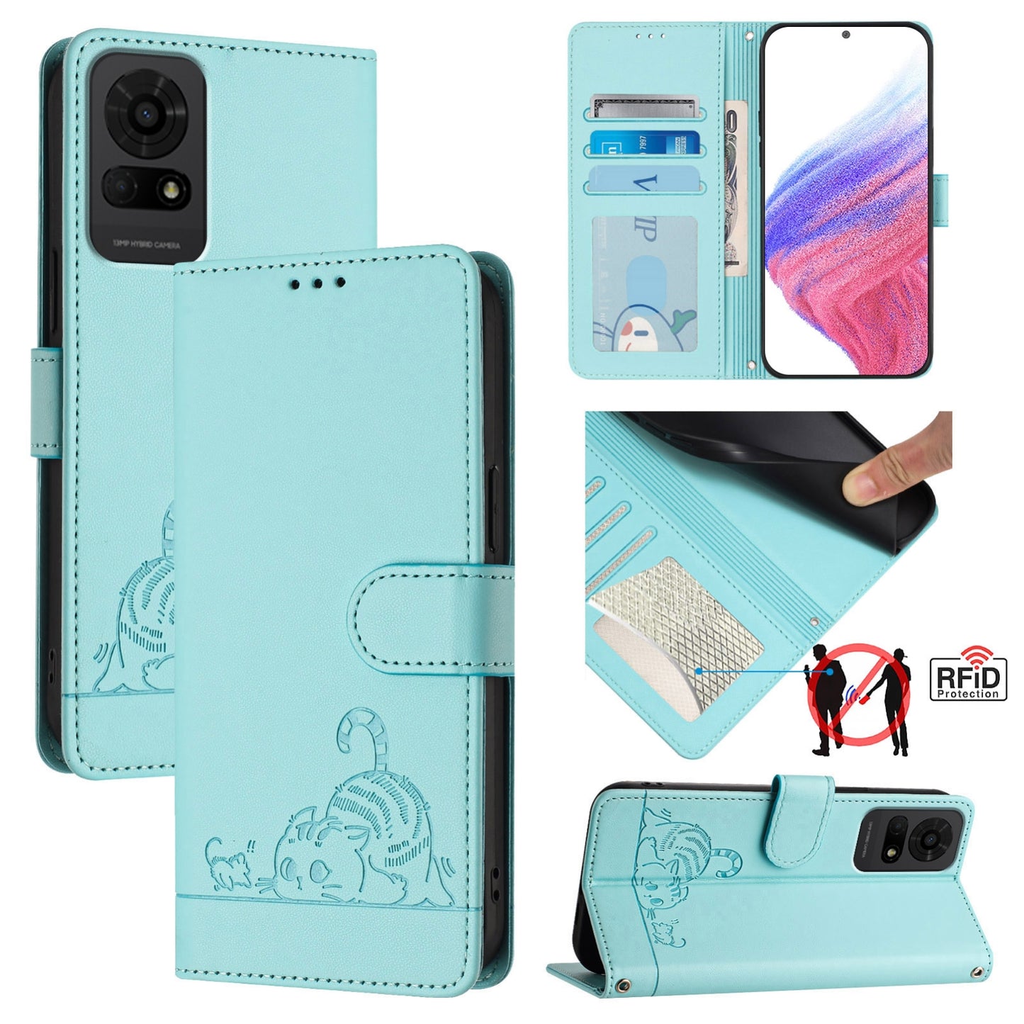 TCL 50 LE 5G Cat and Mouse Embossed PU Leather RFID Case with Wallet Slots, Anti-Fall Protection, Kickstand, and Lanyard-buycases.co.uk