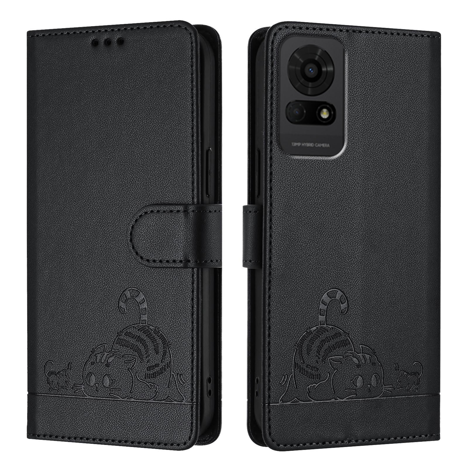 TCL 50 LE 5G Cat and Mouse Embossed PU Leather RFID Case with Wallet Slots, Anti-Fall Protection, Kickstand, and Lanyard-buycases.co.uk