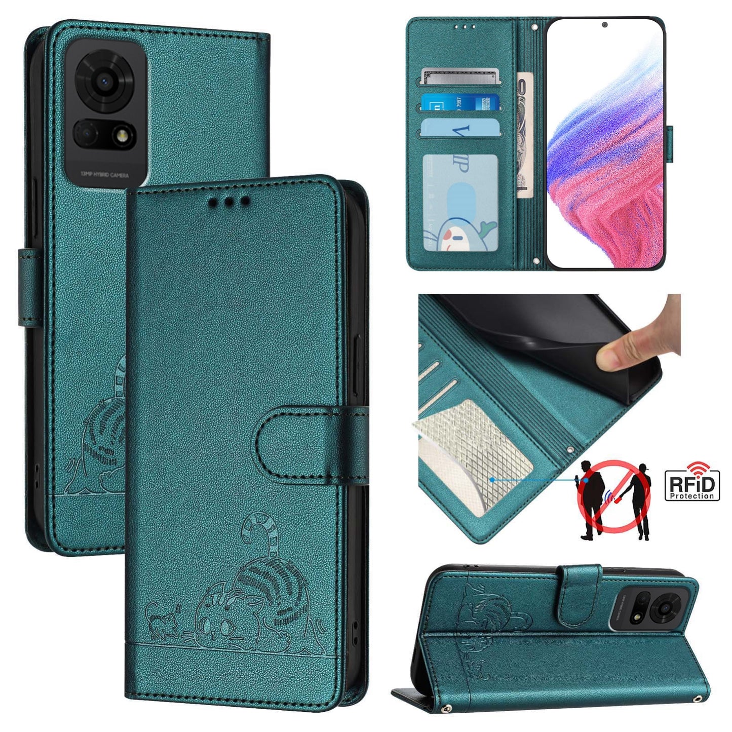 TCL 50 LE 5G Cat and Mouse Embossed PU Leather RFID Case with Wallet Slots, Anti-Fall Protection, Kickstand, and Lanyard-buycases.co.uk