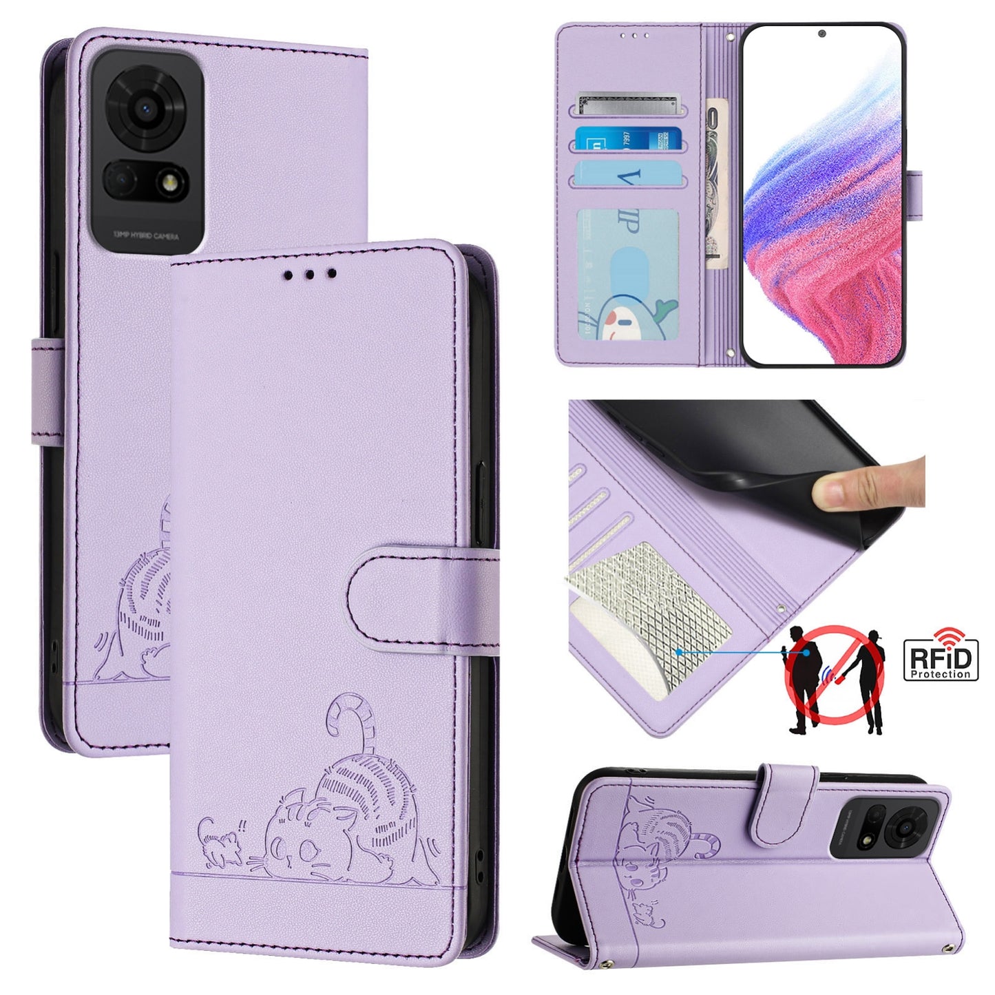TCL 50 LE 5G Cat and Mouse Embossed PU Leather RFID Case with Wallet Slots, Anti-Fall Protection, Kickstand, and Lanyard-buycases.co.uk