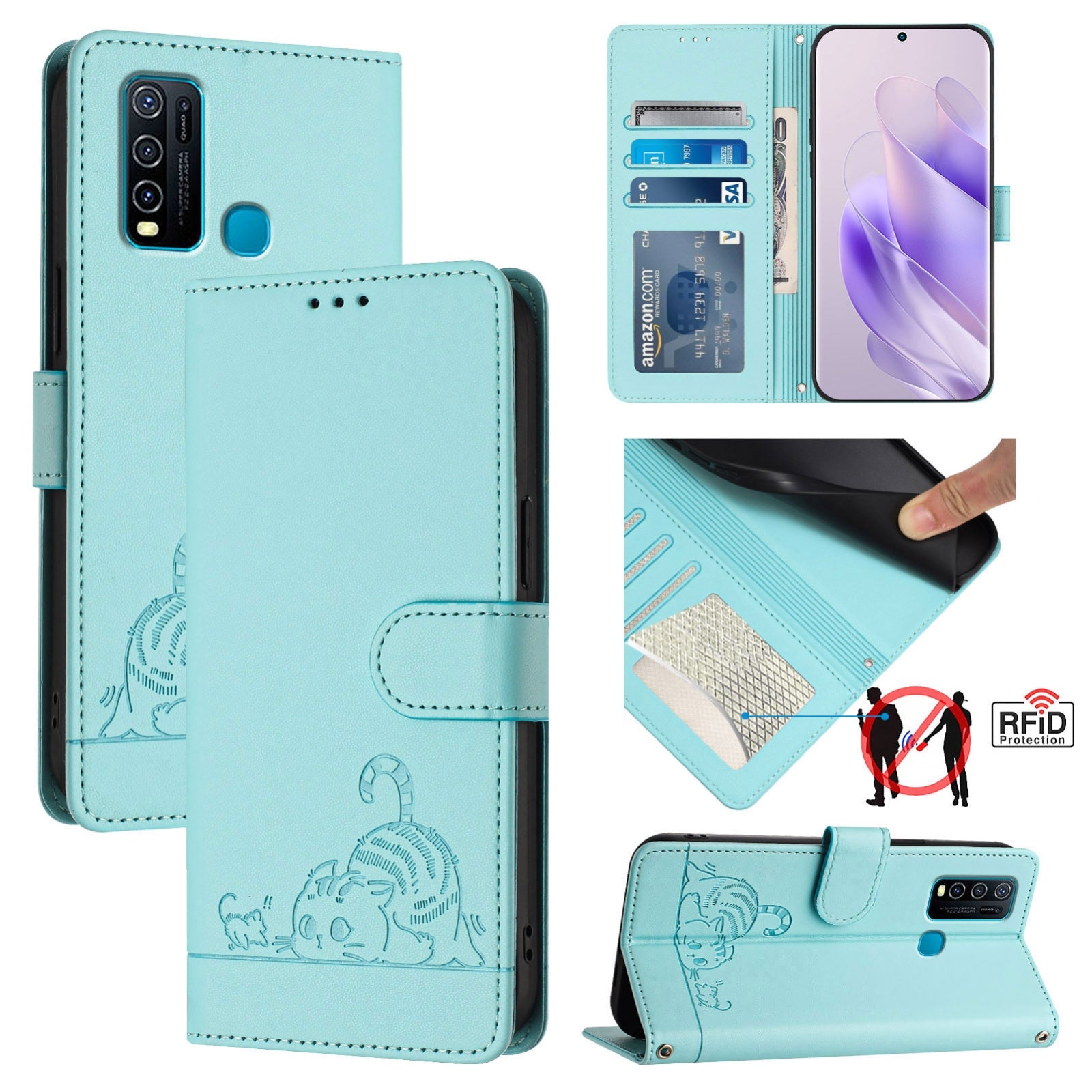 vivo Y30 4G Global Cat and Mouse Embossed PU Leather RFID Case with Wallet Slots, Anti-Fall Protection, Kickstand, and Lanyard-buycases.co.uk