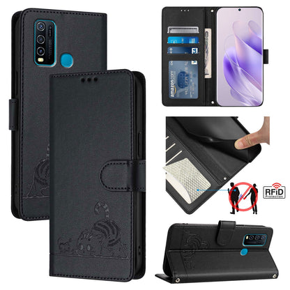 vivo Y30 4G Global Cat and Mouse Embossed PU Leather RFID Case with Wallet Slots, Anti-Fall Protection, Kickstand, and Lanyard-buycases.co.uk