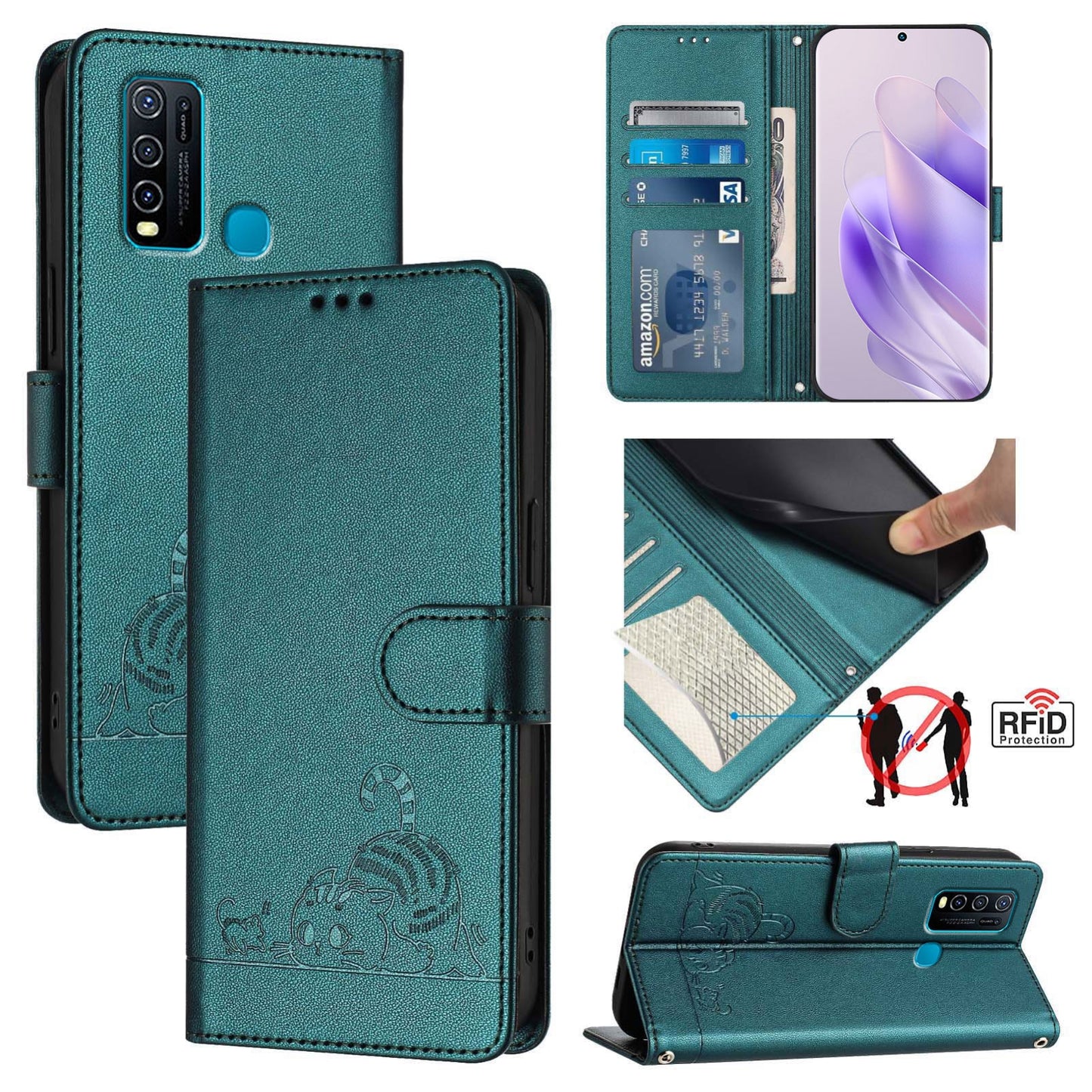 vivo Y30 4G Global Cat and Mouse Embossed PU Leather RFID Case with Wallet Slots, Anti-Fall Protection, Kickstand, and Lanyard-buycases.co.uk