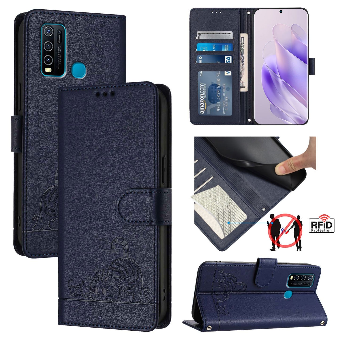 vivo Y30 4G Global Cat and Mouse Embossed PU Leather RFID Case with Wallet Slots, Anti-Fall Protection, Kickstand, and Lanyard-buycases.co.uk
