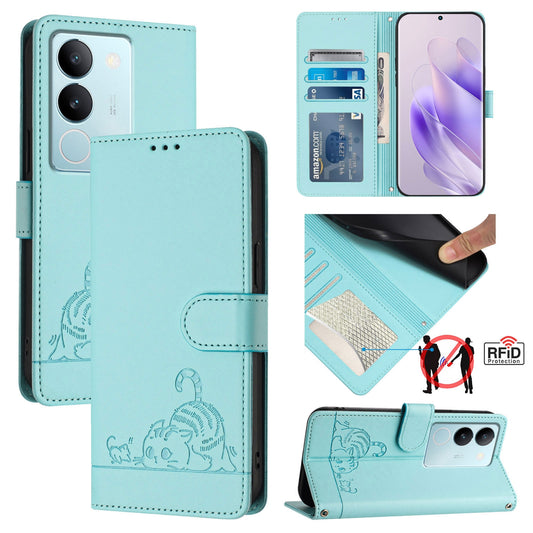 vivo V29 Pro Cat and Mouse Embossed PU Leather RFID Case with Wallet Slots, Anti-Fall Protection, Kickstand, and Lanyard-buycases.co.uk