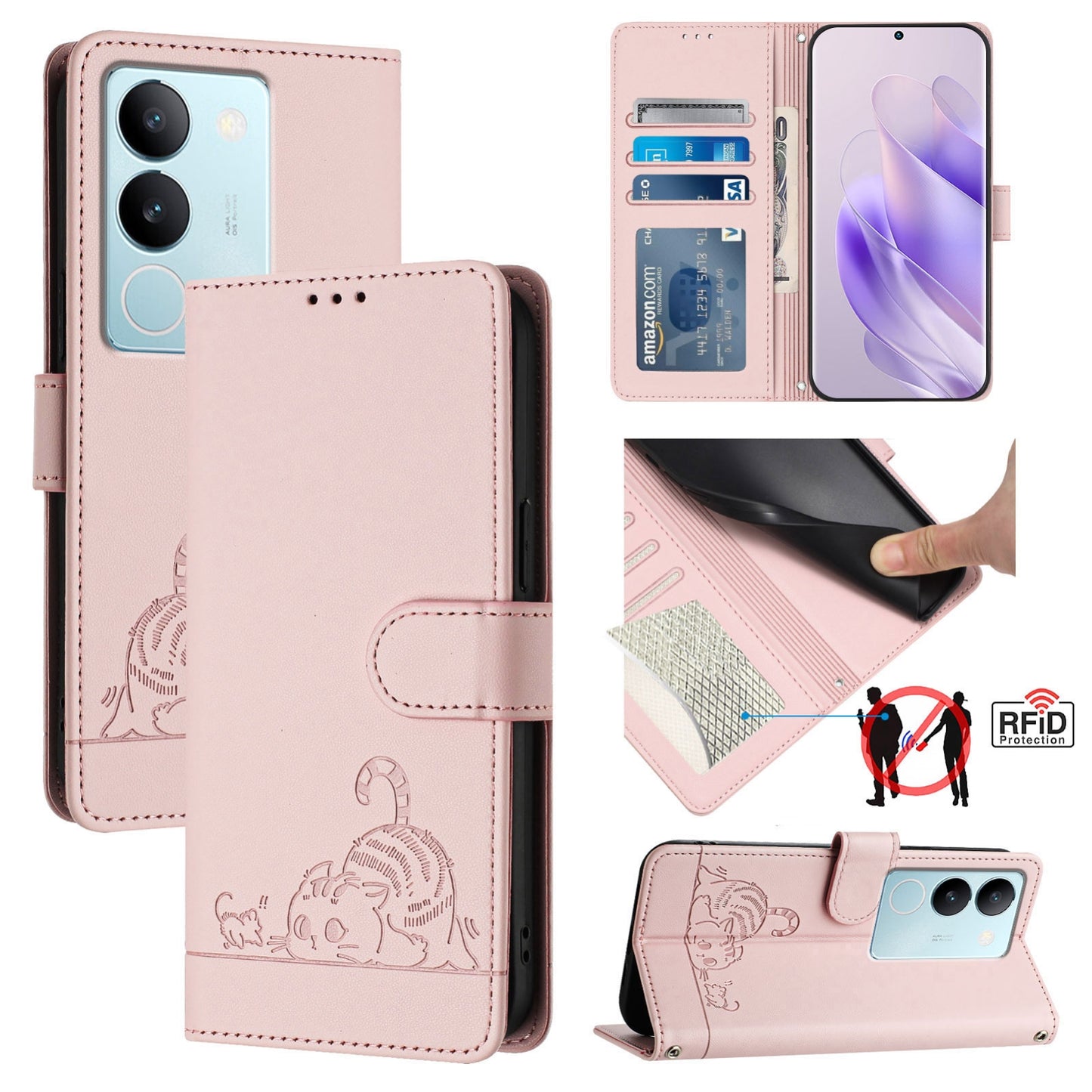 vivo V29 Pro Cat and Mouse Embossed PU Leather RFID Case with Wallet Slots, Anti-Fall Protection, Kickstand, and Lanyard-buycases.co.uk