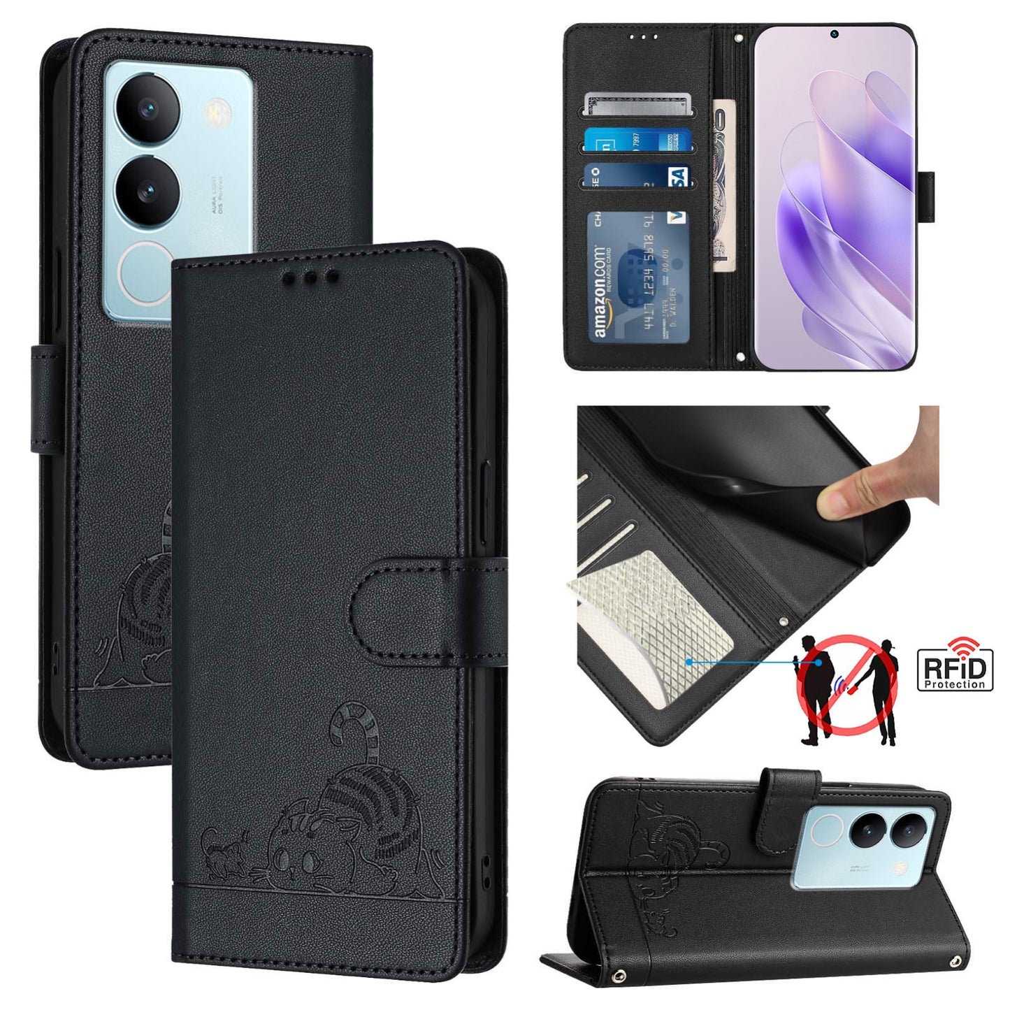 vivo V29 5G Global Cat and Mouse Embossed PU Leather RFID Case with Wallet Slots, Anti-Fall Protection, Kickstand, and Lanyard-buycases.co.uk