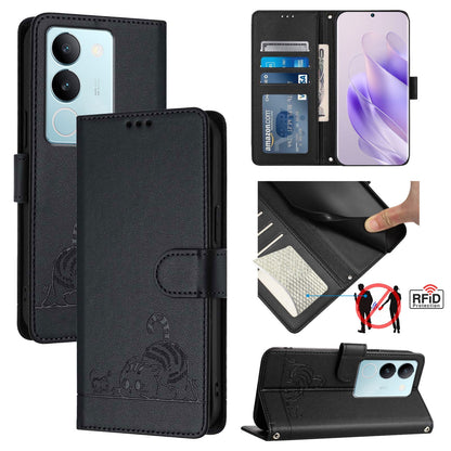 vivo V29 Pro Cat and Mouse Embossed PU Leather RFID Case with Wallet Slots, Anti-Fall Protection, Kickstand, and Lanyard-buycases.co.uk