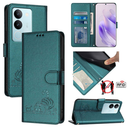 vivo V29 5G Global Cat and Mouse Embossed PU Leather RFID Case with Wallet Slots, Anti-Fall Protection, Kickstand, and Lanyard-buycases.co.uk