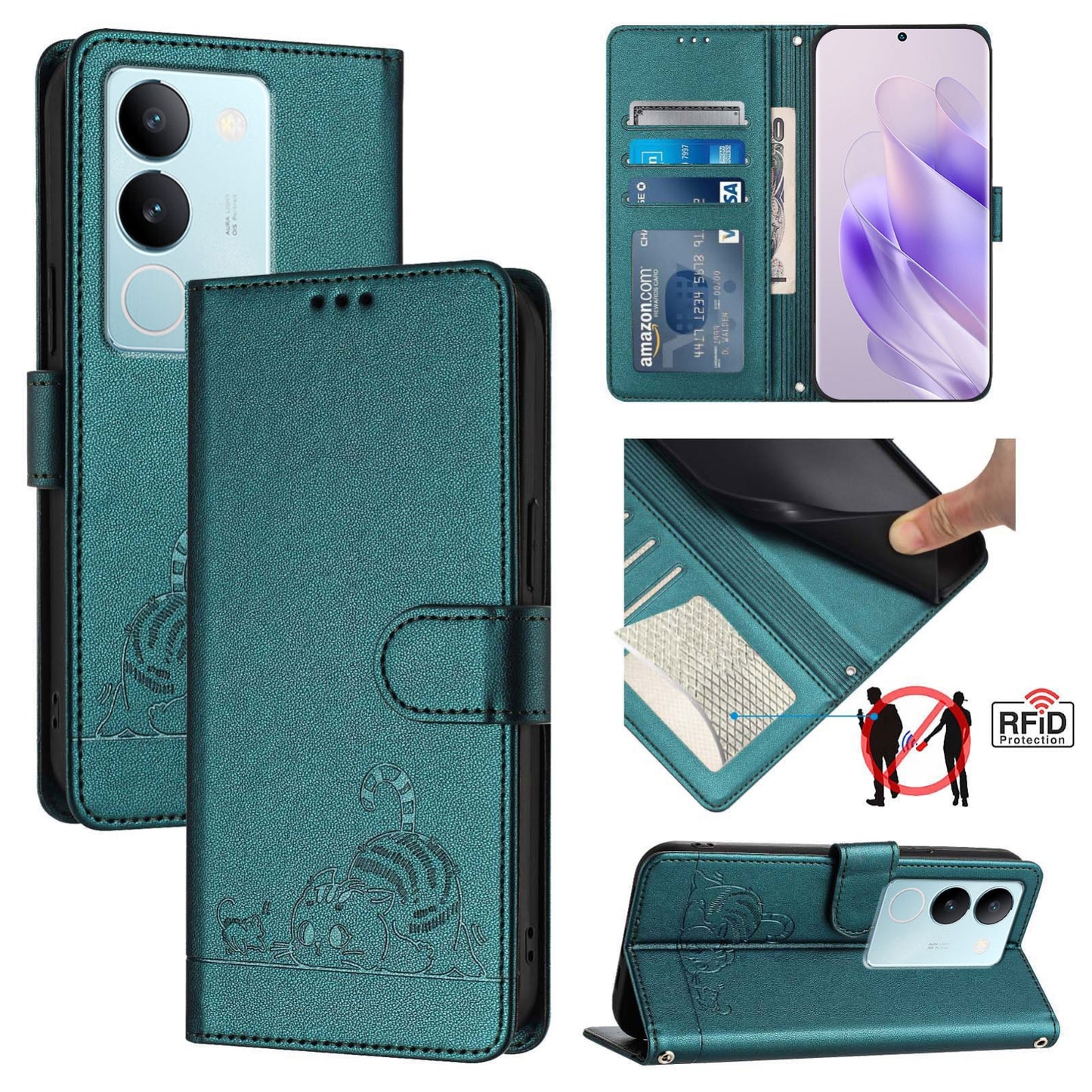 vivo V29 Pro Cat and Mouse Embossed PU Leather RFID Case with Wallet Slots, Anti-Fall Protection, Kickstand, and Lanyard-buycases.co.uk