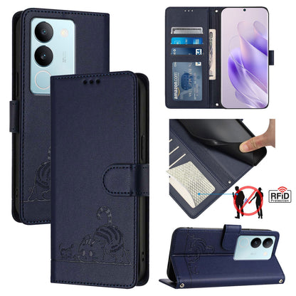 vivo V29 5G Global Cat and Mouse Embossed PU Leather RFID Case with Wallet Slots, Anti-Fall Protection, Kickstand, and Lanyard-buycases.co.uk