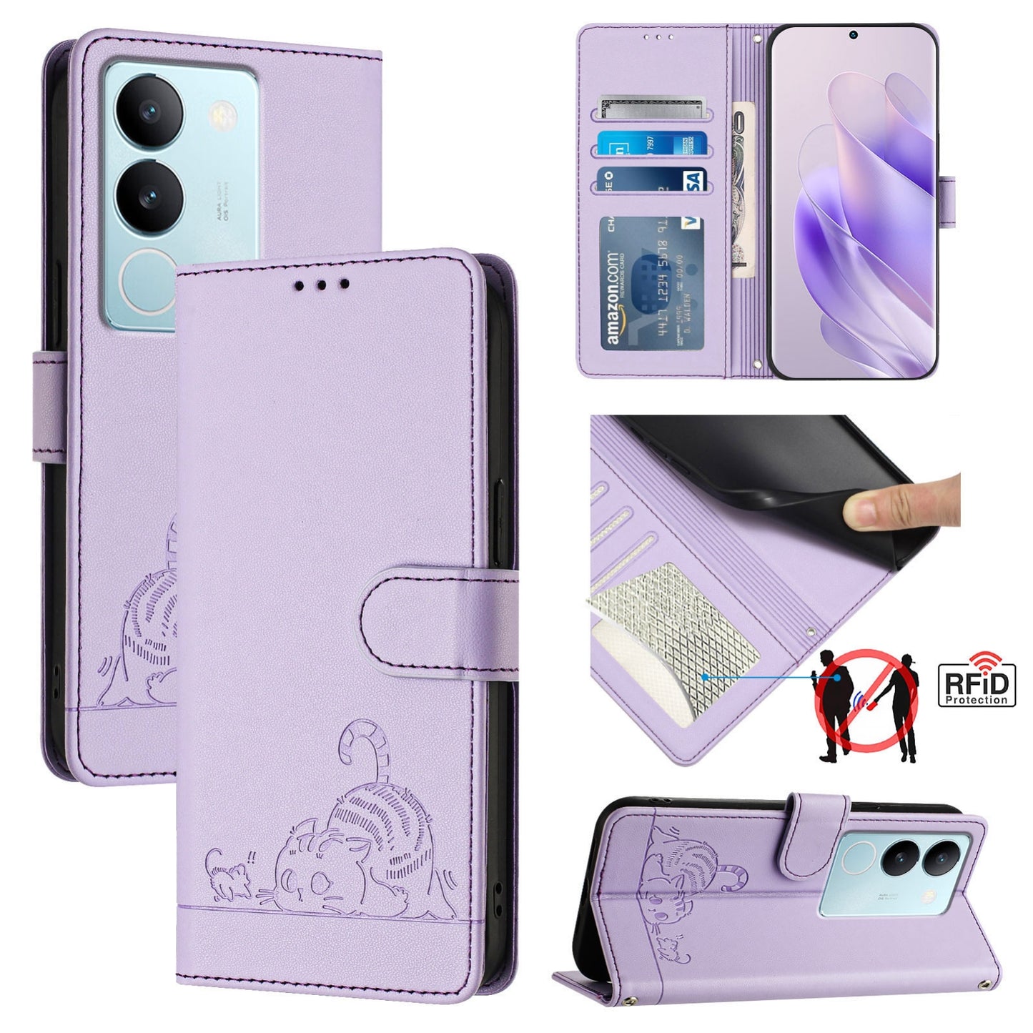 vivo V29 5G Global Cat and Mouse Embossed PU Leather RFID Case with Wallet Slots, Anti-Fall Protection, Kickstand, and Lanyard-buycases.co.uk