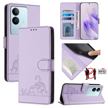 vivo V29 Pro Cat and Mouse Embossed PU Leather RFID Case with Wallet Slots, Anti-Fall Protection, Kickstand, and Lanyard-buycases.co.uk